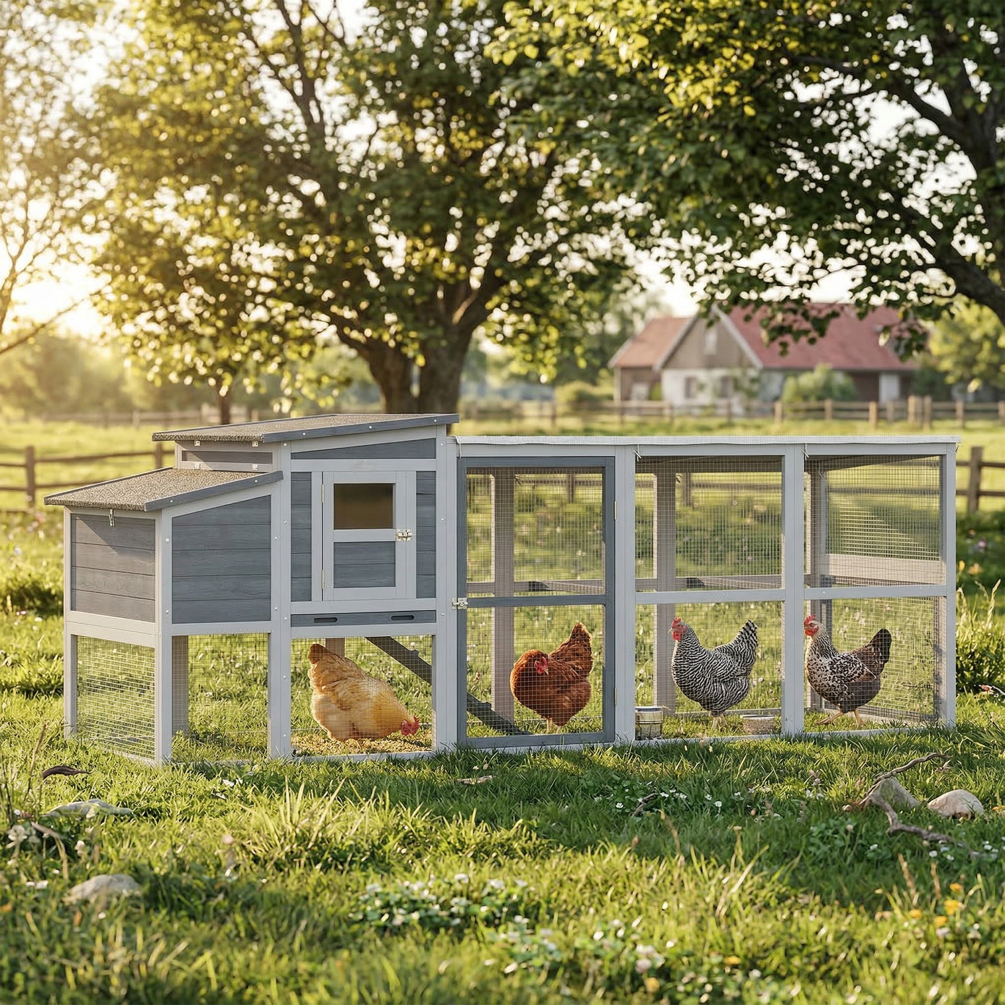Large Wooden Chicken Coop with Run and Nesting Box - Grey-Small Animals-DECOROLALA