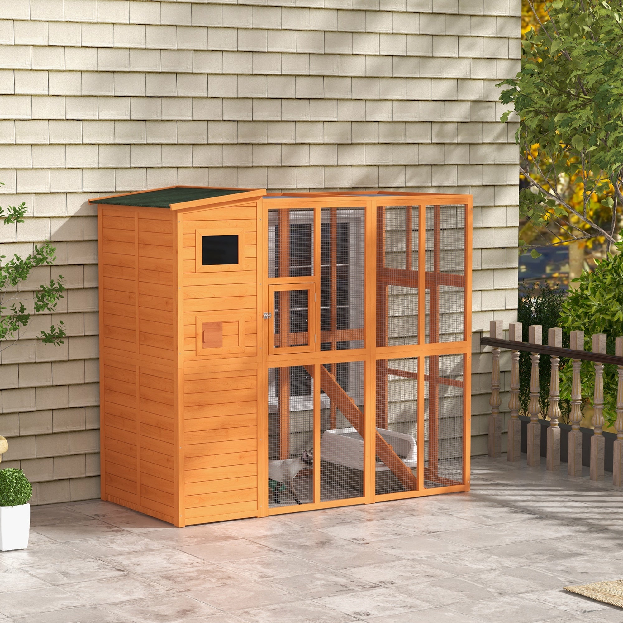 Large Wooden Outdoor Catio - 68.7" H Cat House Natural-DECOROLALA