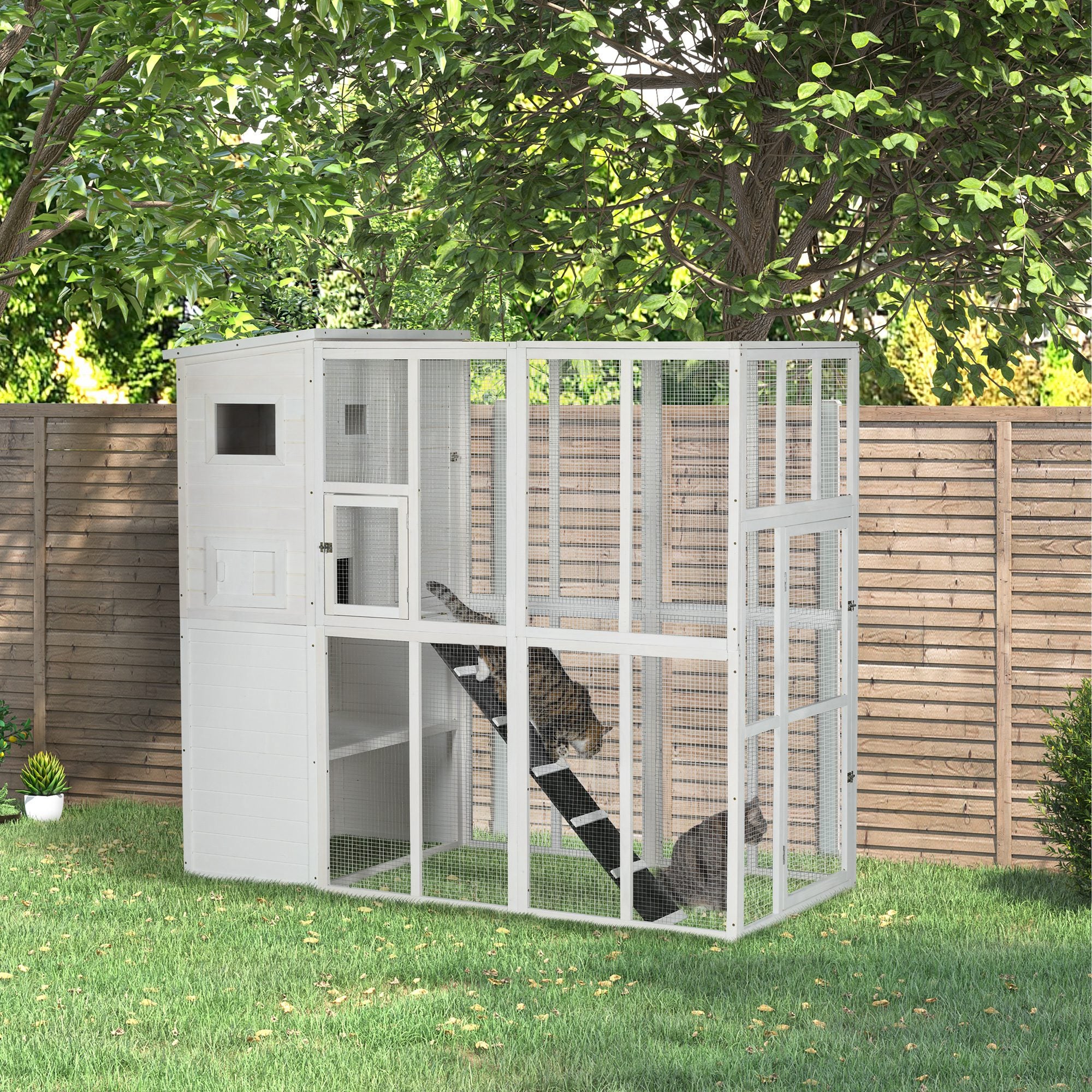 Large Wooden Outdoor Catio - 68.7" H White Cat Cage-DECOROLALA