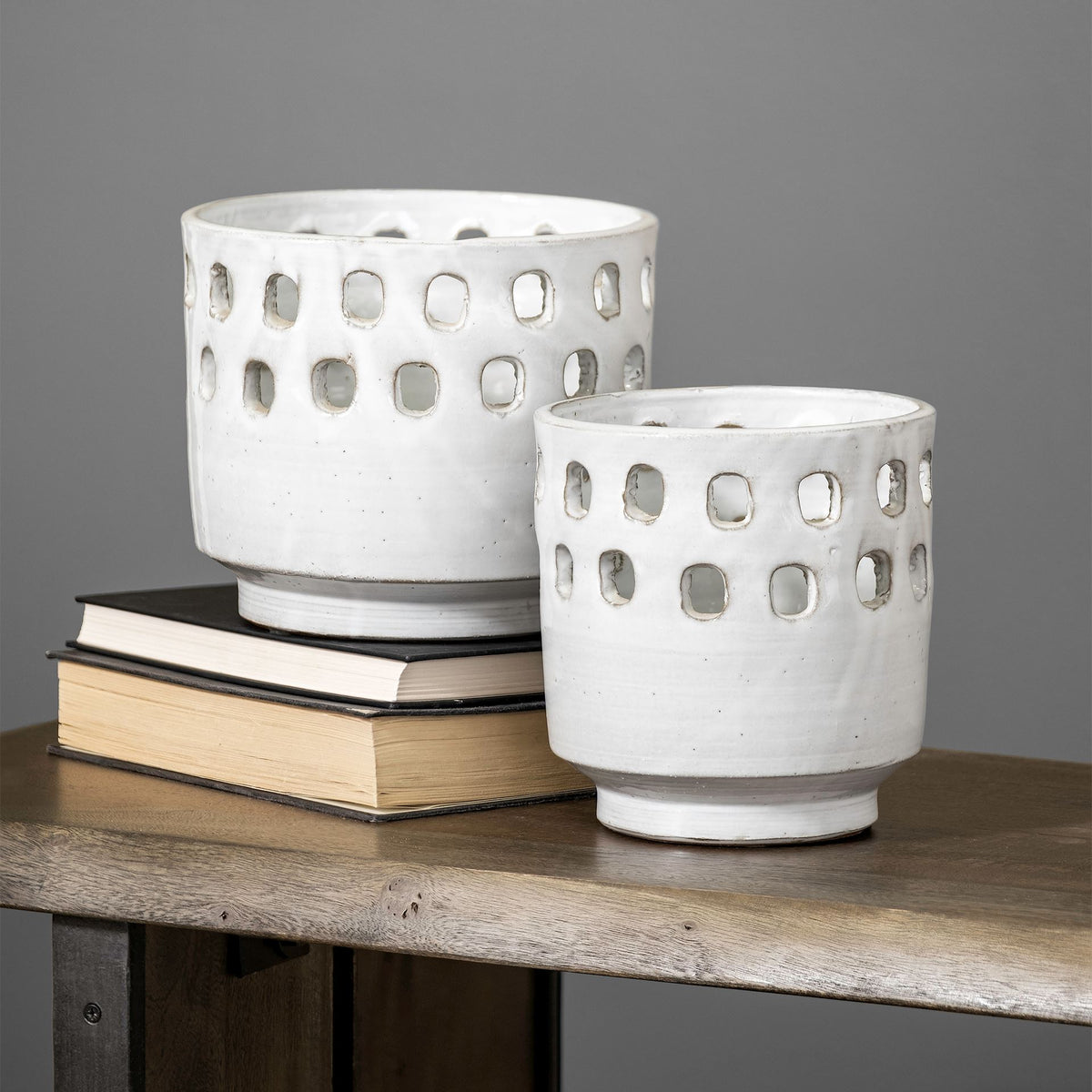 Larissa Set of Two White Ceramic Hollow Pattern Vases-Vase-DECOROLALA
