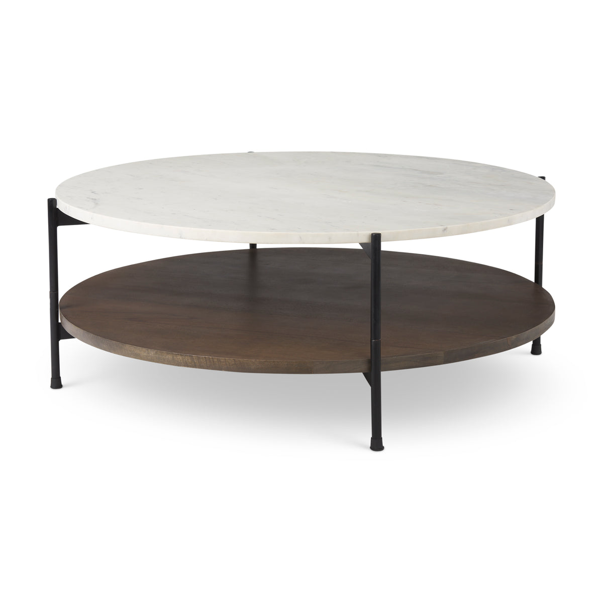 Larkin 42" Round Two-Tier White Marble Top and Solid Wood Shelf w/ Black Metal Frame Coffee Table-Coffee Tables-DECOROLALA