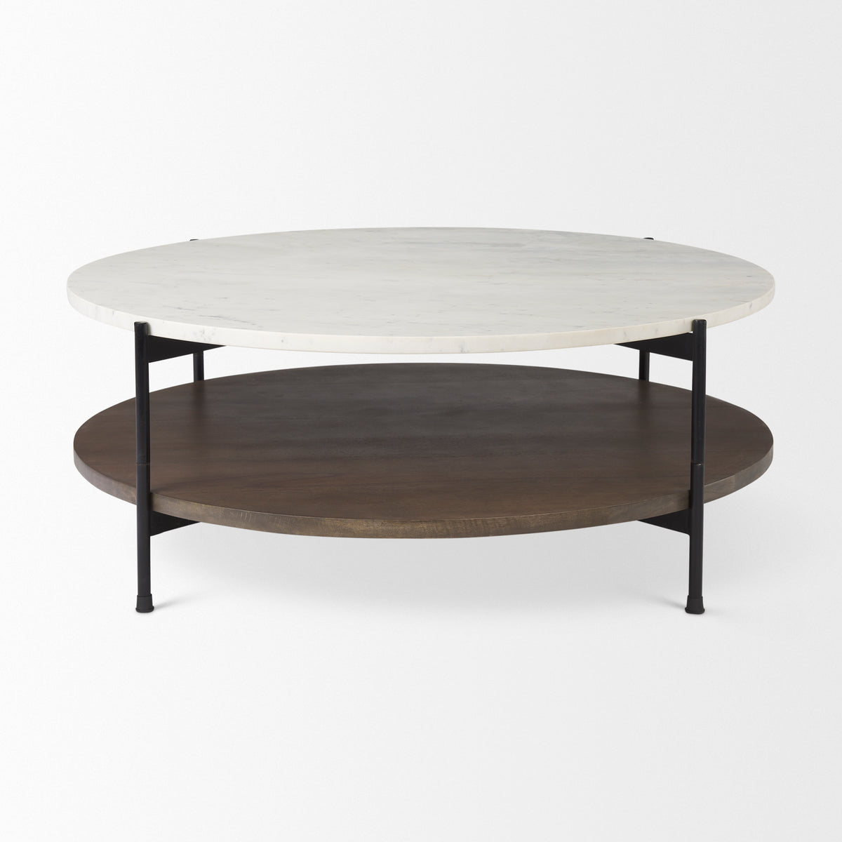 Larkin 42" Round Two-Tier White Marble Top and Solid Wood Shelf w/ Black Metal Frame Coffee Table-Coffee Tables-DECOROLALA