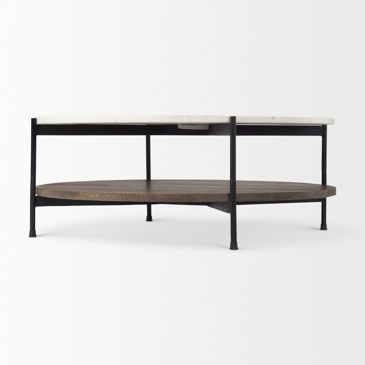 Larkin 42" Round Two-Tier White Marble Top and Solid Wood Shelf w/ Black Metal Frame Coffee Table-Coffee Tables-DECOROLALA