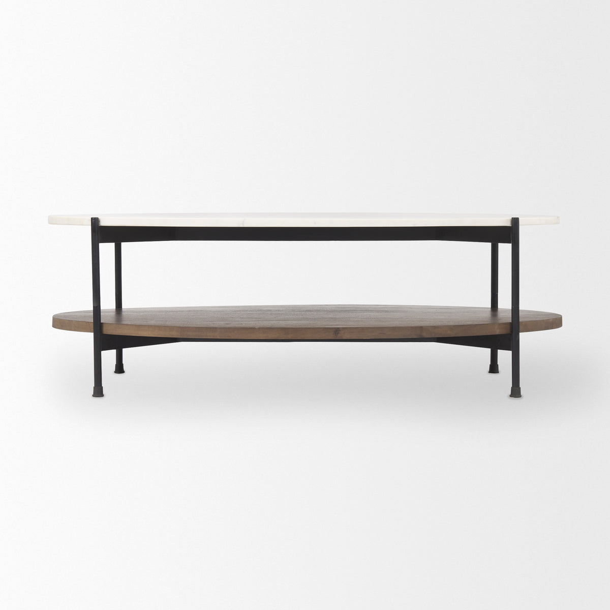 Larkin 48" Oval Marble Top and Solid Wood Shelf w/ Black Metal Frame Coffee Table-Coffee Tables-DECOROLALA
