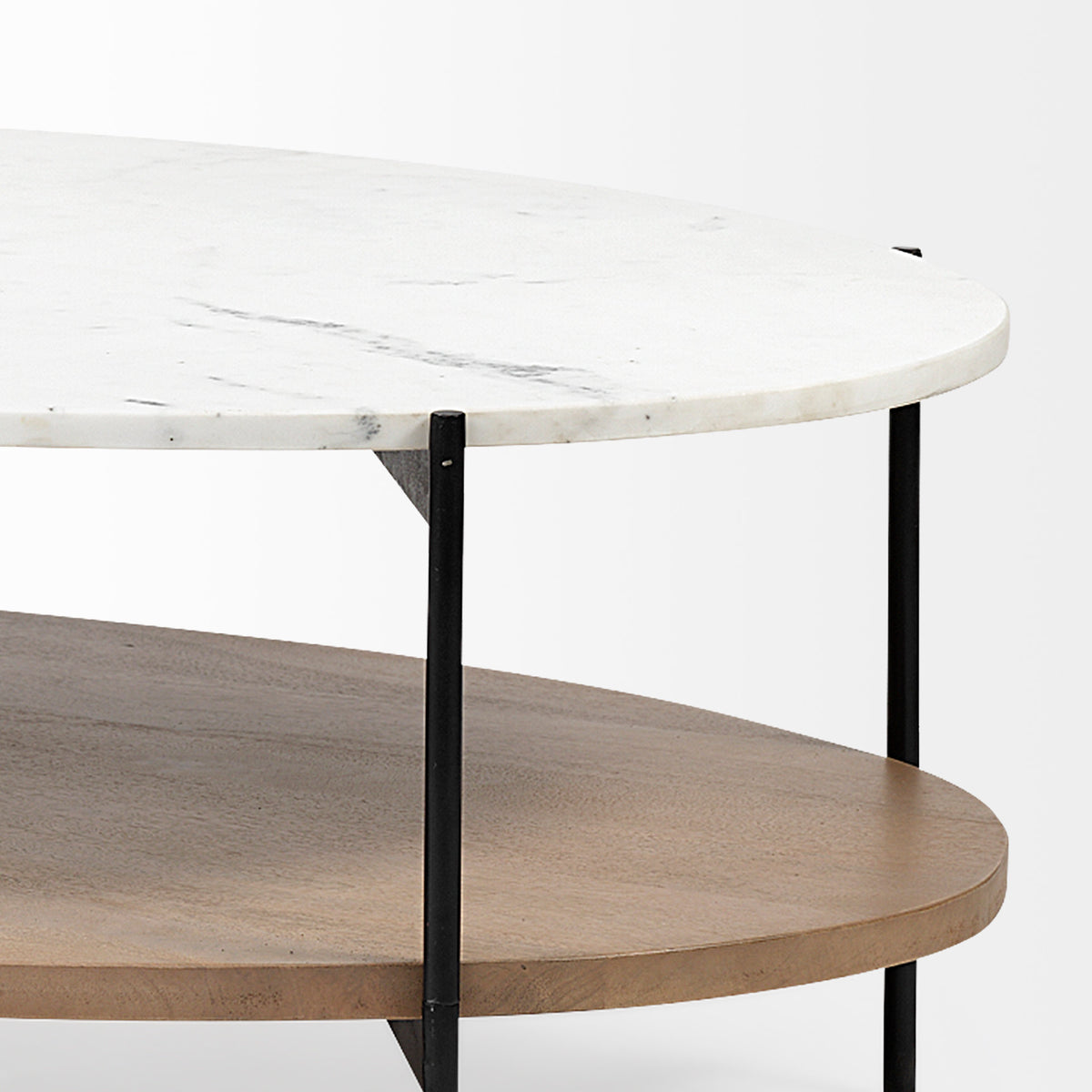 Larkin 48" Oval Marble Top and Solid Wood Shelf w/ Black Metal Frame Coffee Table-Coffee Tables-DECOROLALA
