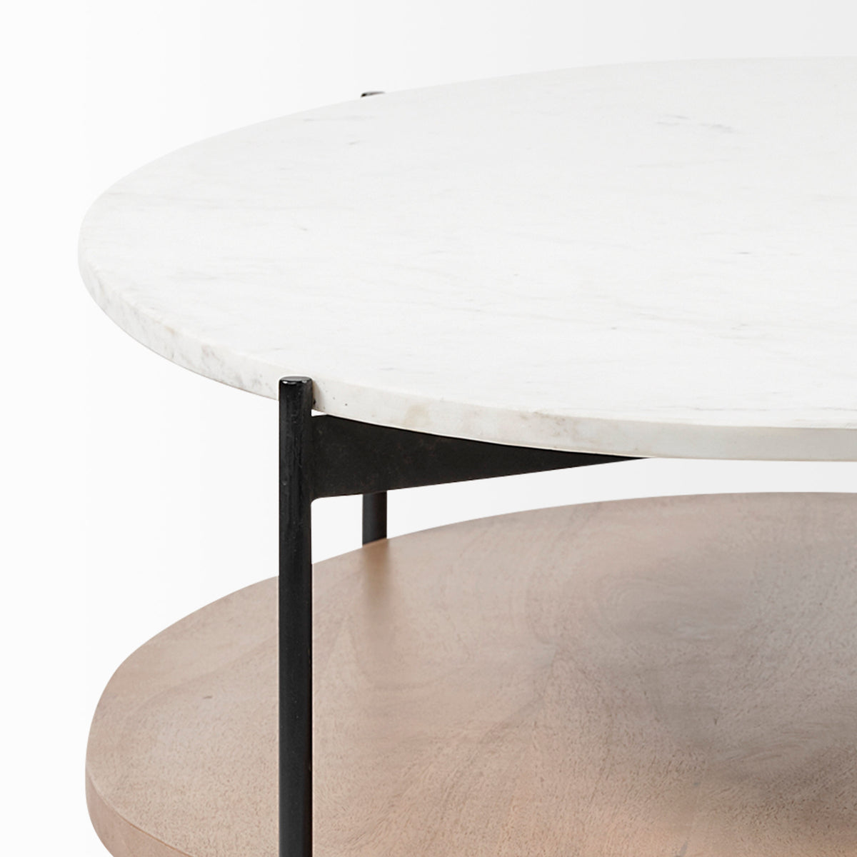 Larkin 48" Oval Marble Top and Solid Wood Shelf w/ Black Metal Frame Coffee Table-Coffee Tables-DECOROLALA