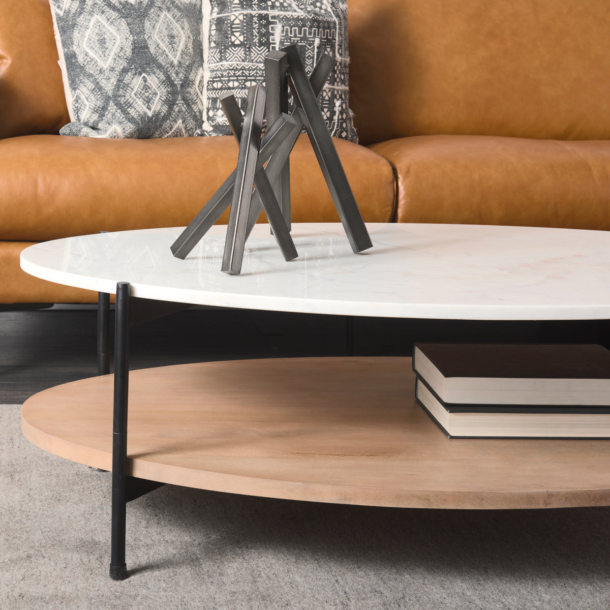 Larkin 48" Oval Marble Top and Solid Wood Shelf w/ Black Metal Frame Coffee Table-Coffee Tables-DECOROLALA