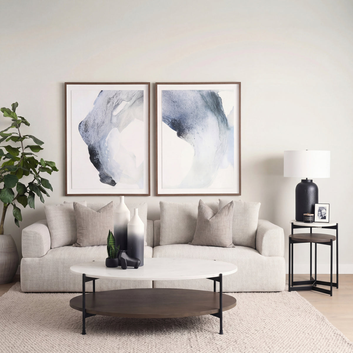 Larkin 48" Oval Marble Top and Solid Wood Shelf w/ Black Metal Frame Coffee Table-Coffee Tables-DECOROLALA