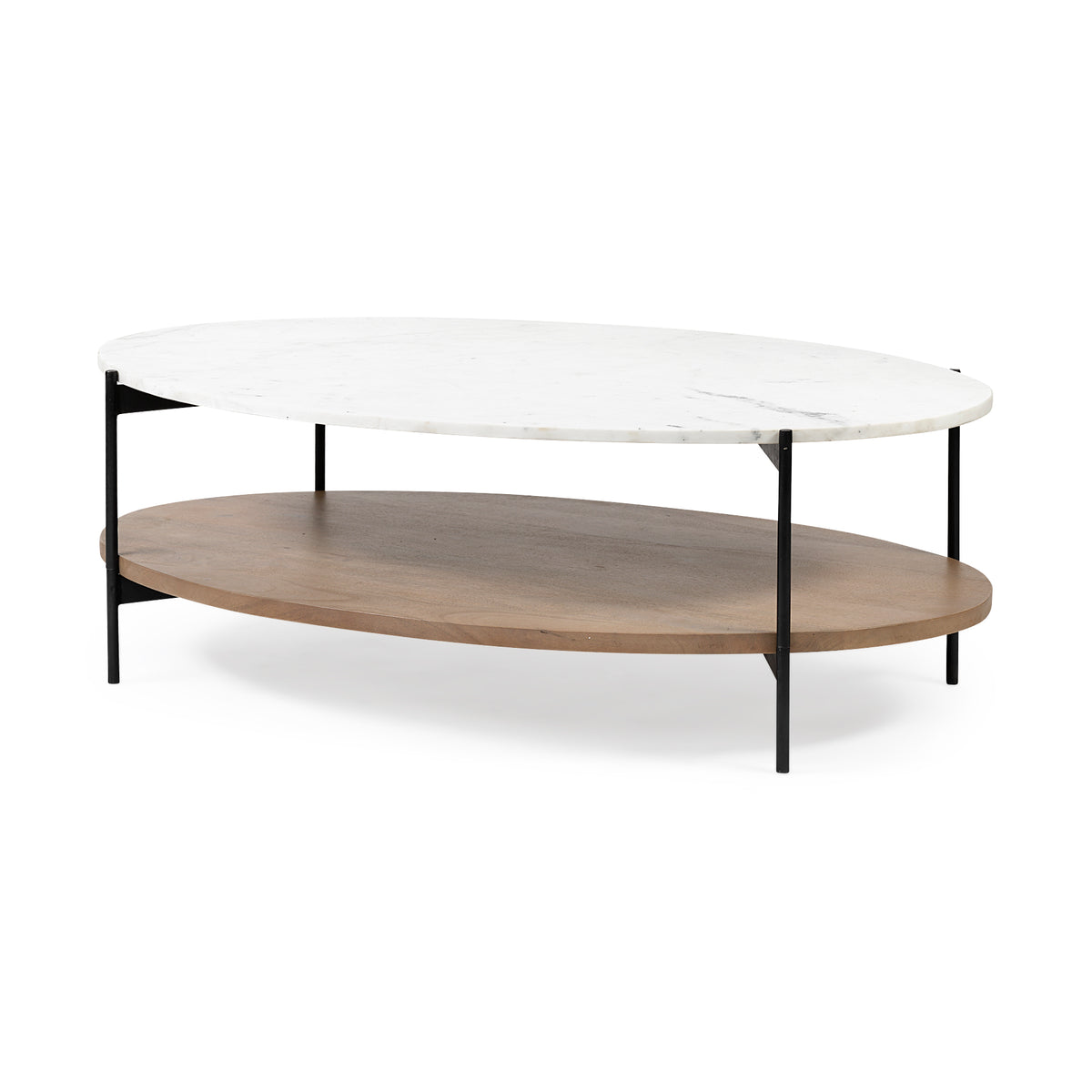 Larkin 48" Oval Marble Top and Solid Wood Shelf w/ Black Metal Frame Coffee Table-Coffee Tables-DECOROLALA