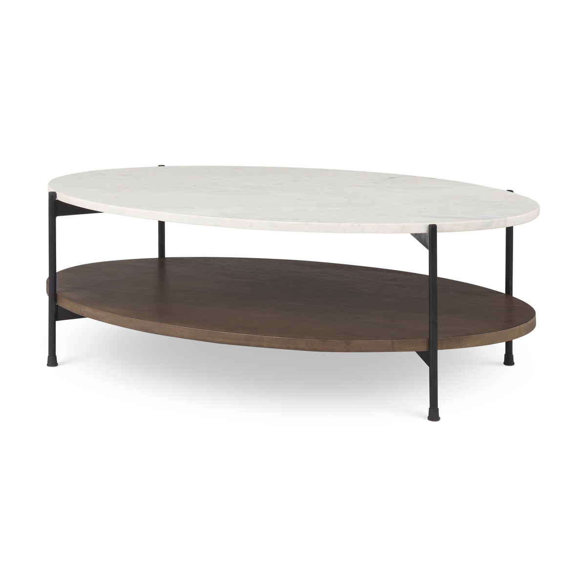 Larkin 48" Oval Marble Top and Solid Wood Shelf w/ Black Metal Frame Coffee Table-Coffee Tables-DECOROLALA