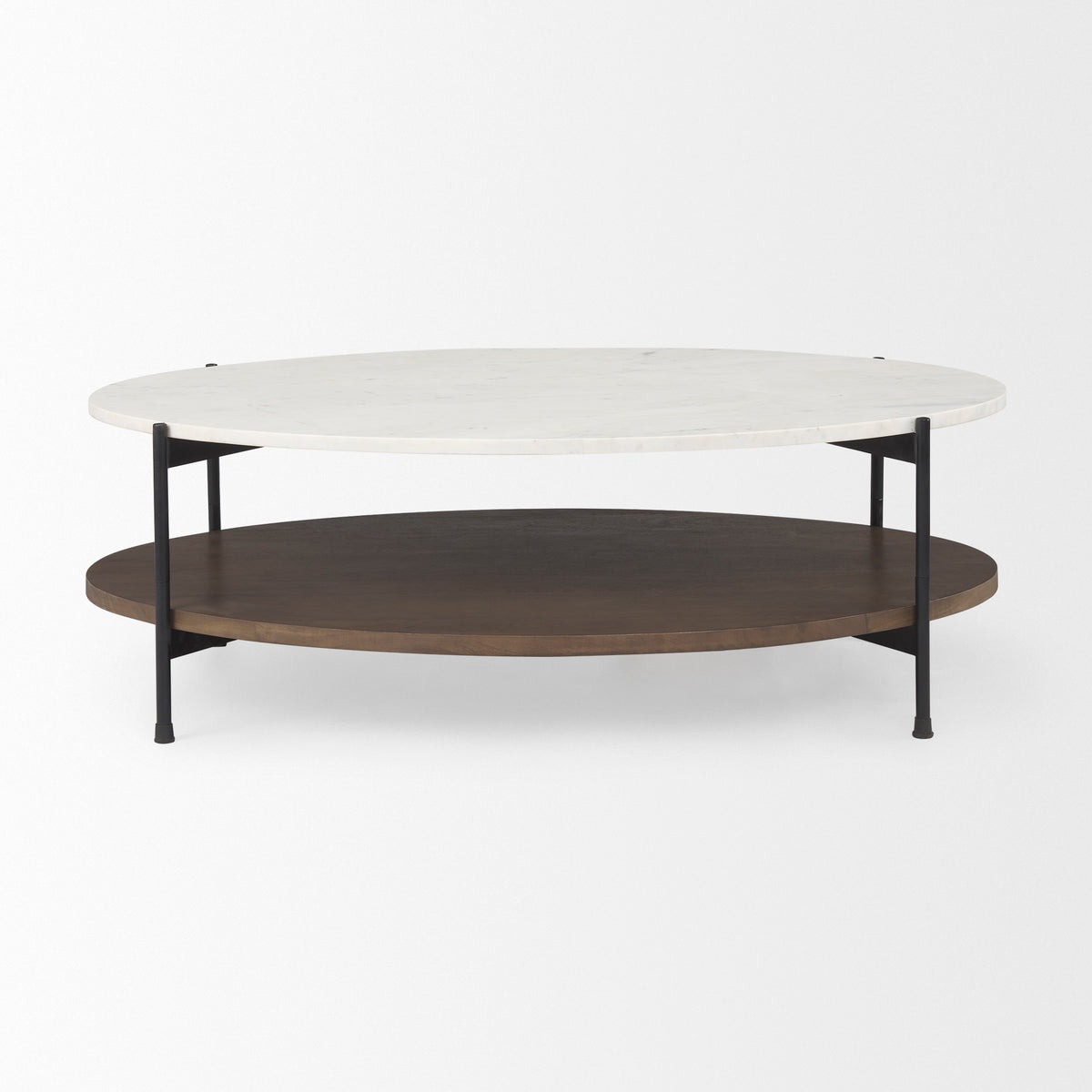 Larkin 48" Oval Marble Top and Solid Wood Shelf w/ Black Metal Frame Coffee Table-Coffee Tables-DECOROLALA
