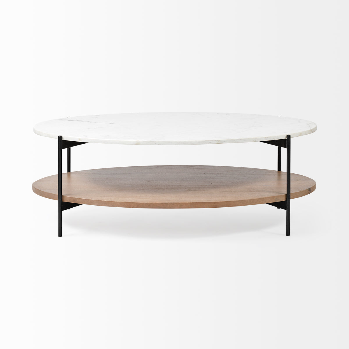 Larkin 48" Oval Marble Top and Solid Wood Shelf w/ Black Metal Frame Coffee Table-Coffee Tables-DECOROLALA
