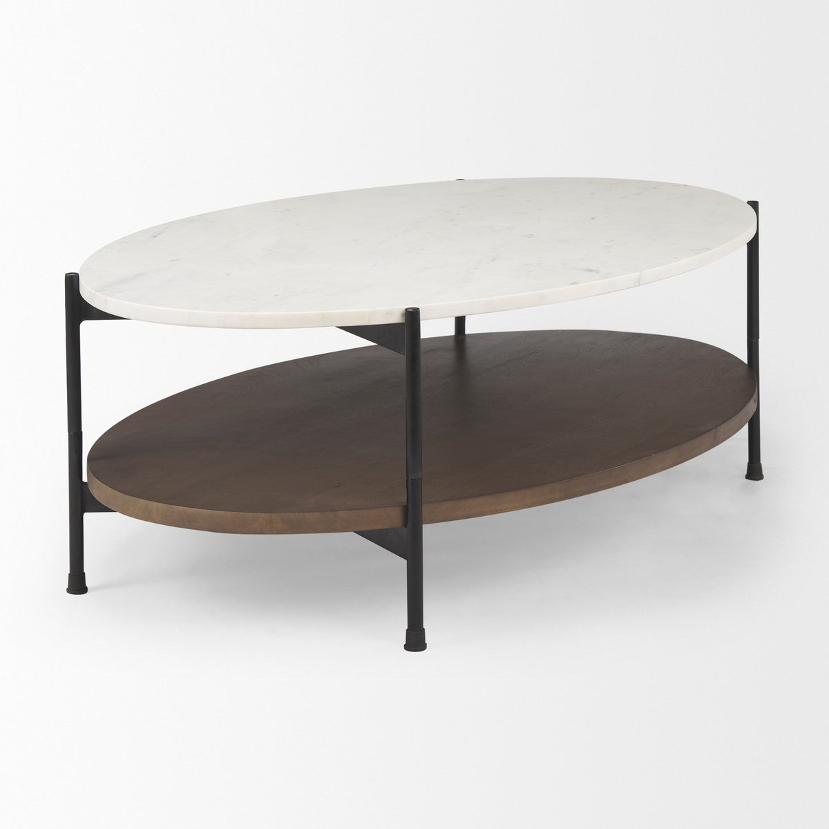 Larkin 48" Oval Marble Top and Solid Wood Shelf w/ Black Metal Frame Coffee Table-Coffee Tables-DECOROLALA