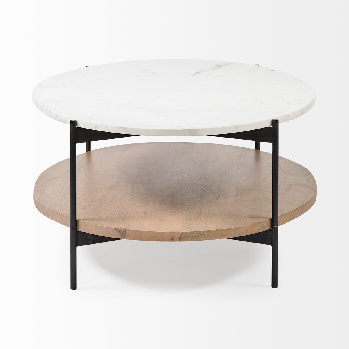Larkin 48" Oval Marble Top and Solid Wood Shelf w/ Black Metal Frame Coffee Table-Coffee Tables-DECOROLALA