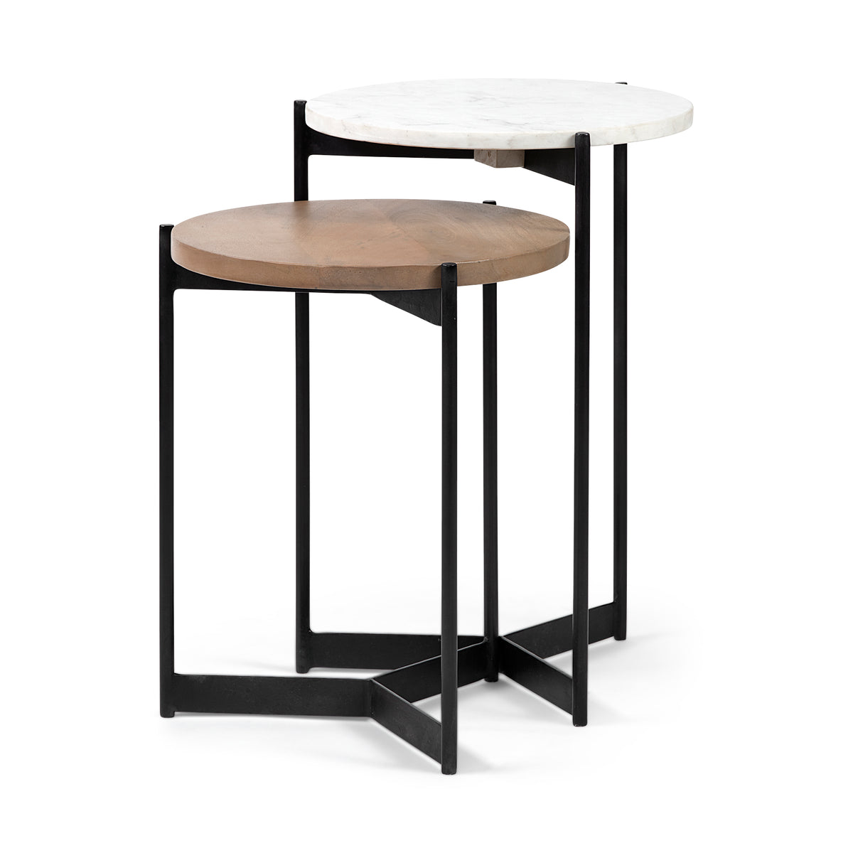 Larkin II Marble and Brown Wood Nesting Side Tables-Nesting Tables-DECOROLALA