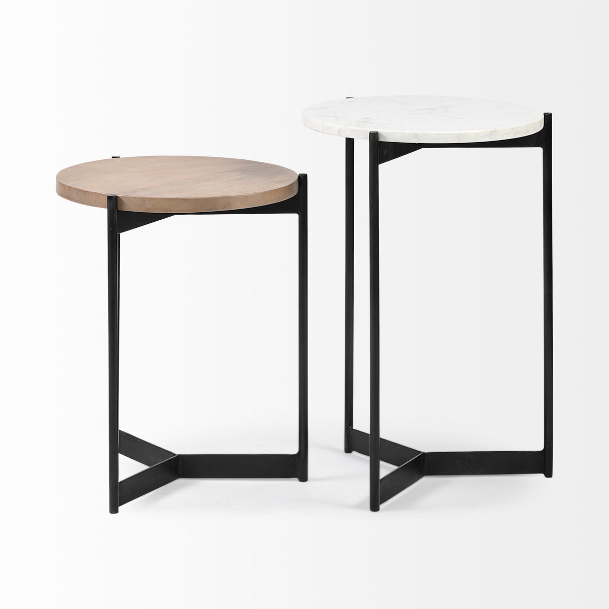 Larkin II Marble and Medium Brown Wood Round Tabletop Nesting End/Side Tables-End and Side Tables-DECOROLALA