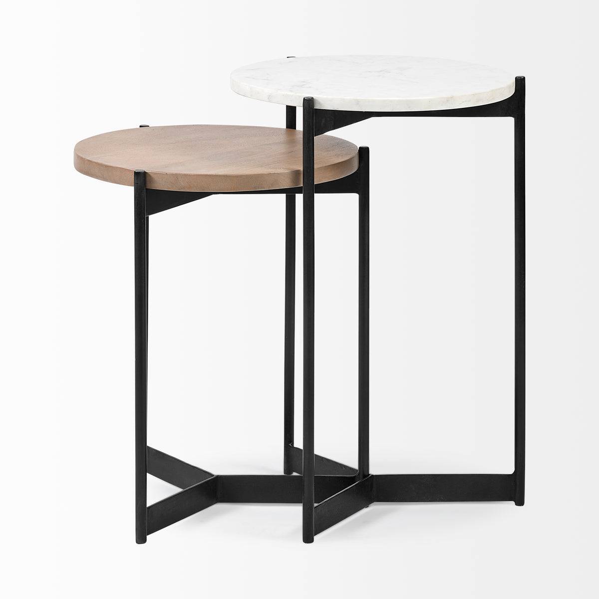 Larkin II Marble and Medium Brown Wood Round Tabletop Nesting End/Side Tables-End and Side Tables-DECOROLALA