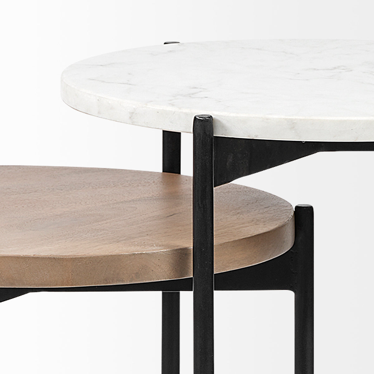 Larkin II Marble and Medium Brown Wood Round Tabletop Nesting End/Side Tables-End and Side Tables-DECOROLALA