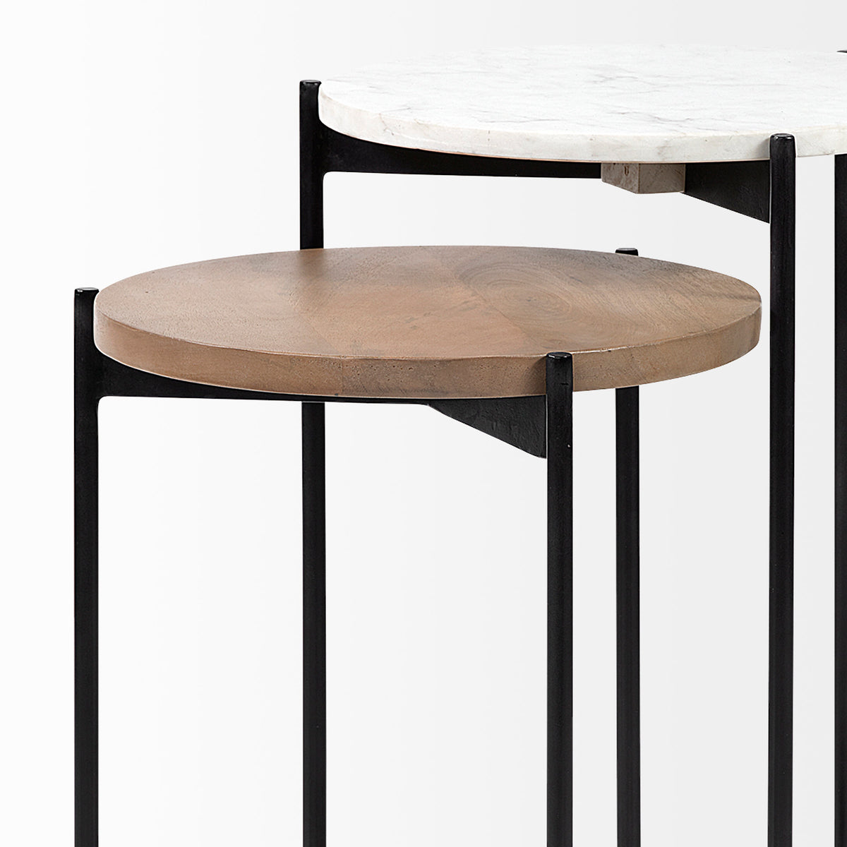 Larkin II Marble and Medium Brown Wood Round Tabletop Nesting End/Side Tables-End and Side Tables-DECOROLALA