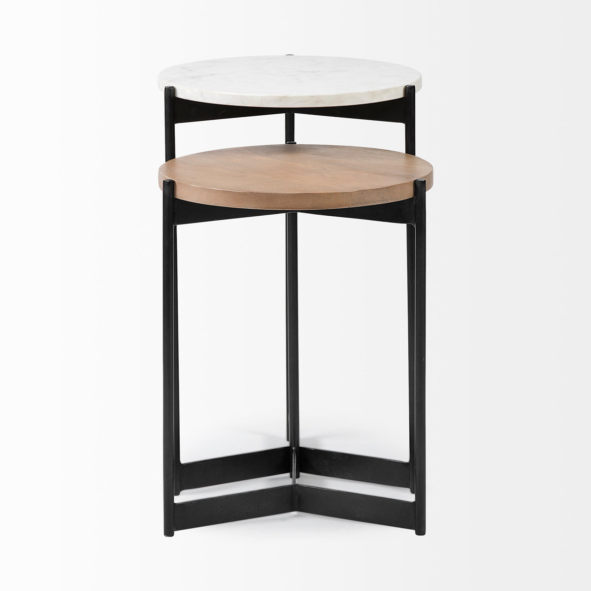 Larkin II Marble and Medium Brown Wood Round Tabletop Nesting End/Side Tables-End and Side Tables-DECOROLALA