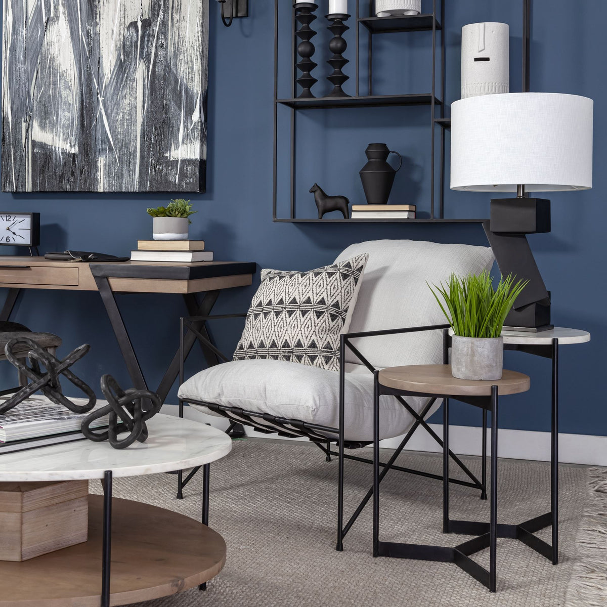 Larkin II Marble and Medium Brown Wood Round Tabletop Nesting End/Side Tables-End and Side Tables-DECOROLALA