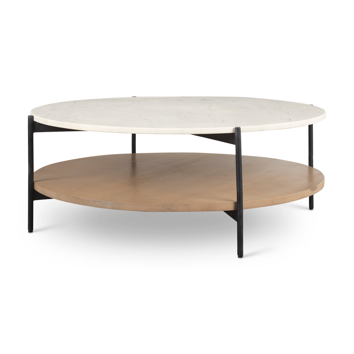 Larkin Marble Top w/ Brown Wood Shelf Round Coffee Table-Coffee Tables-DECOROLALA