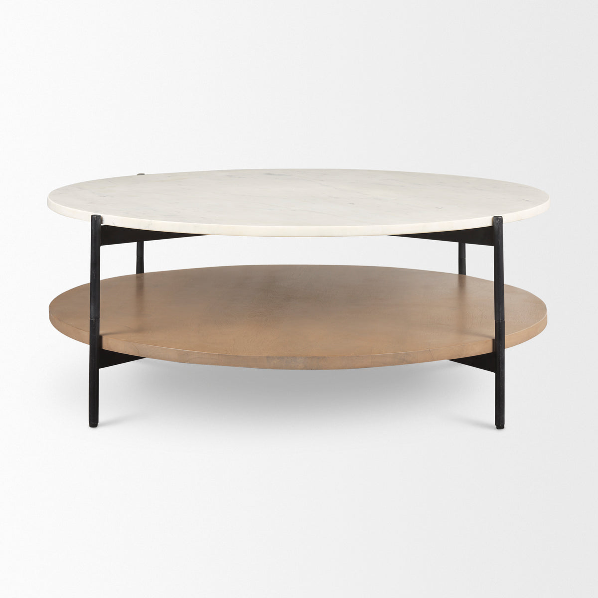 Larkin Marble Top w/ Brown Wood Shelf Round Coffee Table-Coffee Tables-DECOROLALA