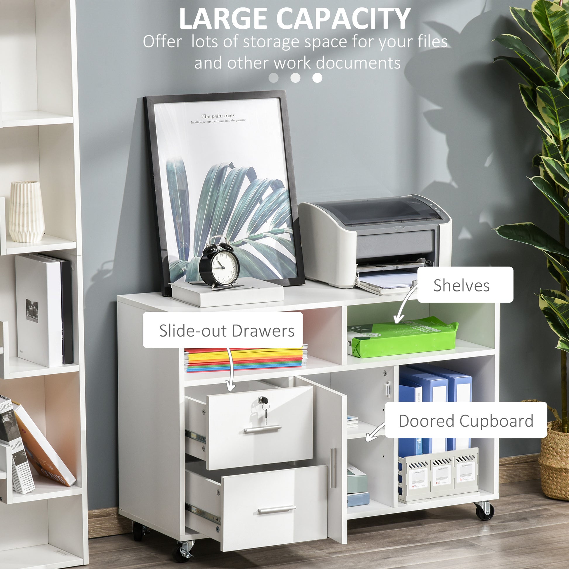 Lateral File Cabinet - White Mobile Printer Stand with Lock-Office Products > Office Furniture > Office Cabinets & Cupboards-DECOROLALA