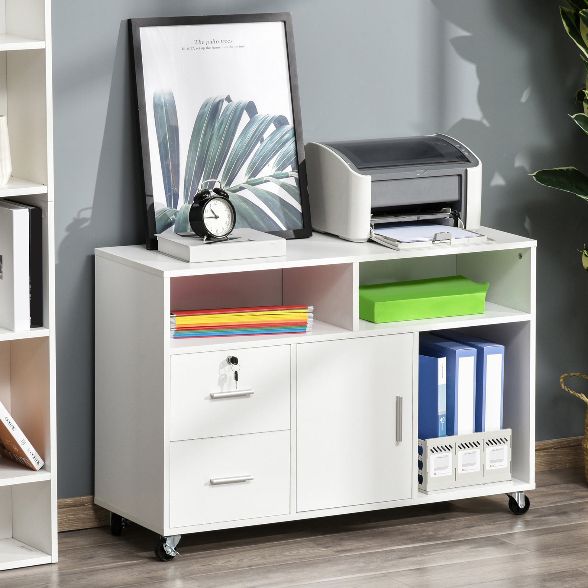 Lateral File Cabinet - White Mobile Printer Stand with Lock-Office Products > Office Furniture > Office Cabinets & Cupboards-DECOROLALA