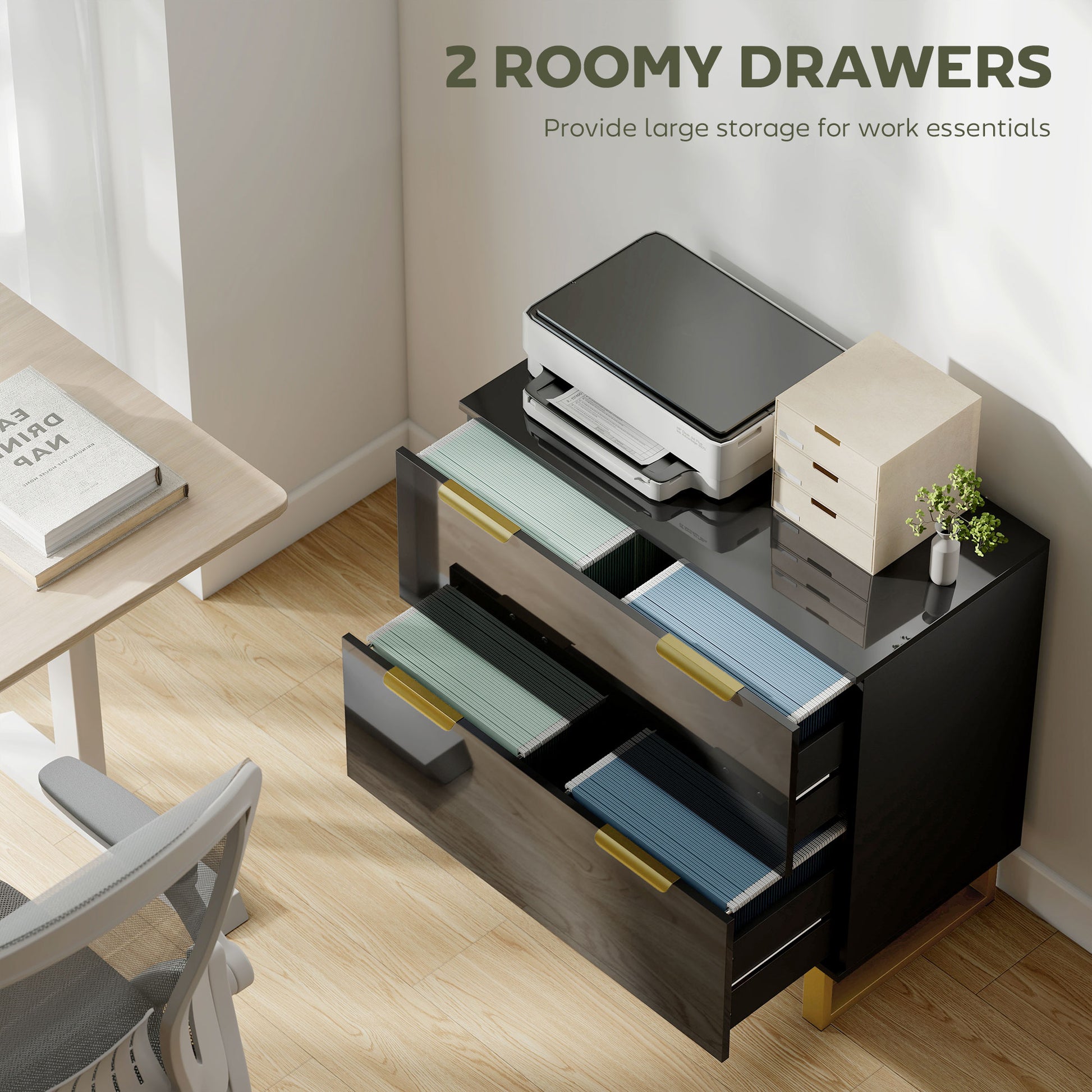 Lateral File Cabinet with 2 Drawers, Modern Filing Cabinet for Letter/A4/Legal Size Files, High Gloss Black-Office Products > Office Furniture > Office Cabinets & Cupboards-DECOROLALA