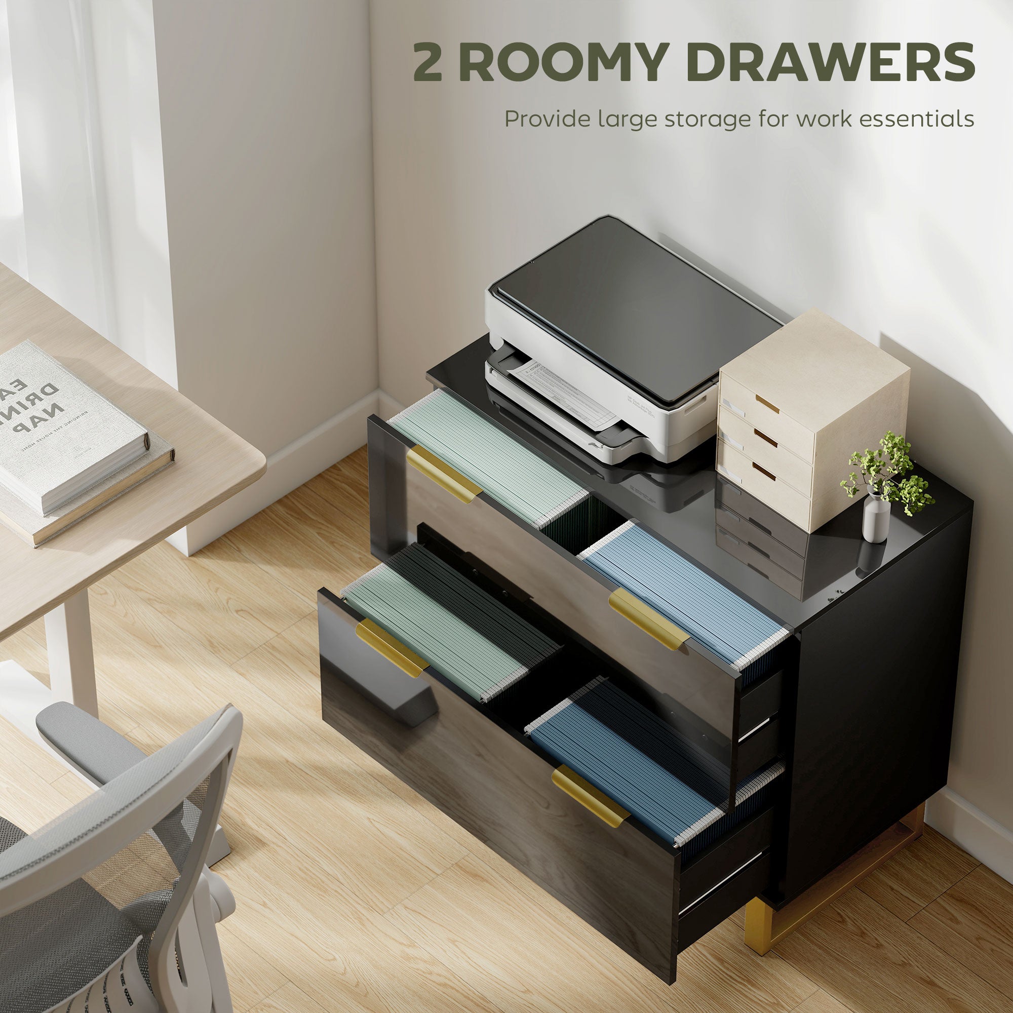 Lateral File Cabinet with 2 Drawers, Modern Filing Cabinet for Letter/A4/Legal Size Files, High Gloss Black-Office Products > Office Furniture > Office Cabinets & Cupboards-DECOROLALA