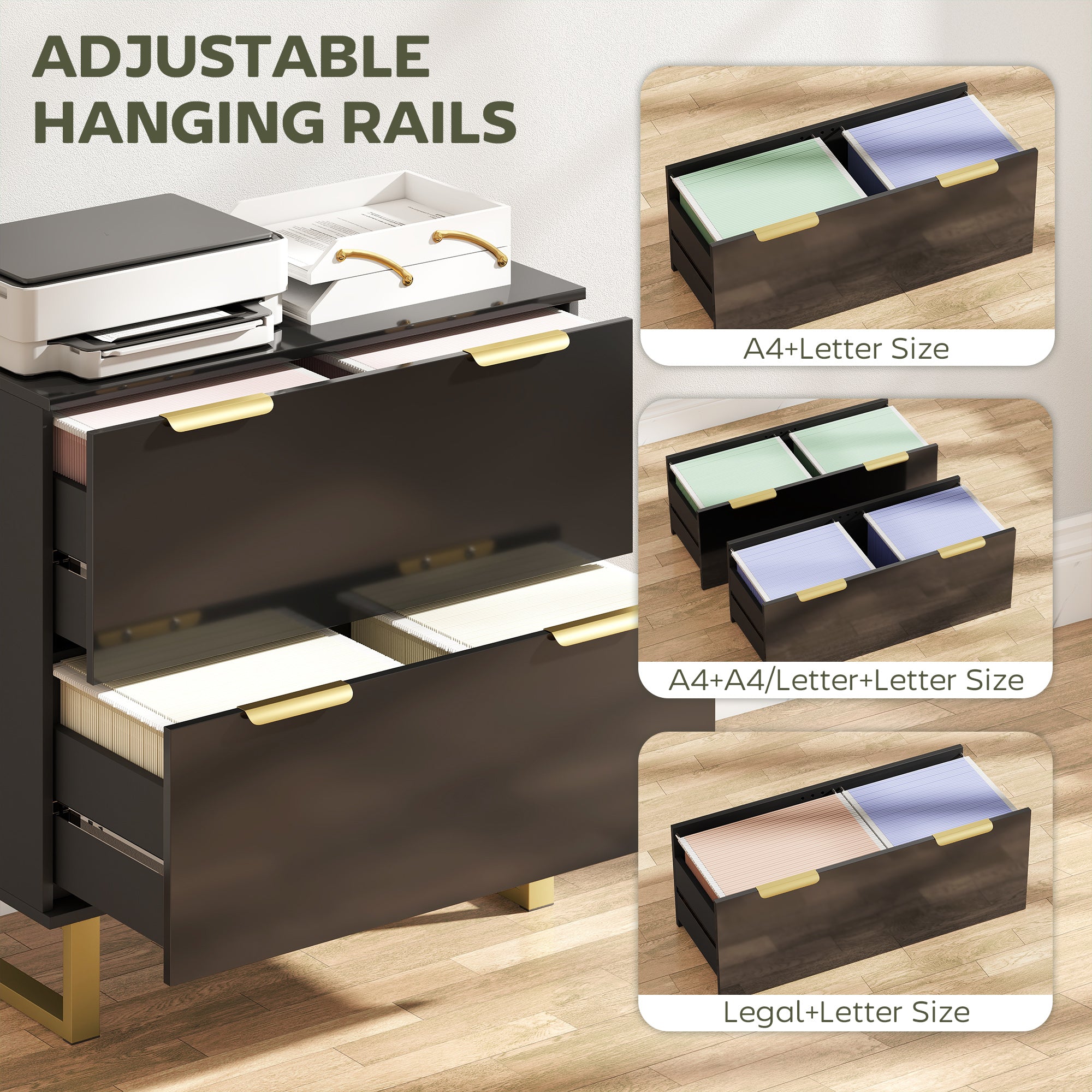 Lateral File Cabinet with 2 Drawers, Modern Filing Cabinet for Letter/A4/Legal Size Files, High Gloss Black-Office Products > Office Furniture > Office Cabinets & Cupboards-DECOROLALA