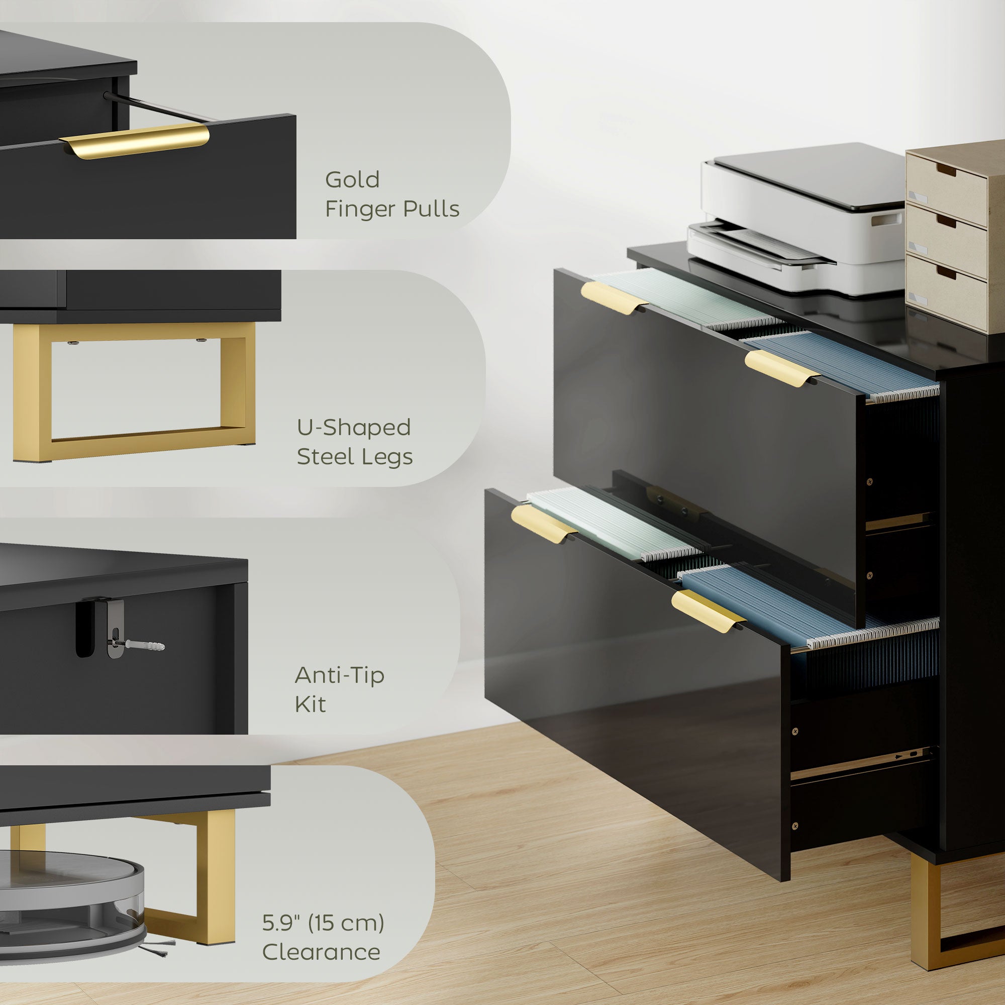Lateral File Cabinet with 2 Drawers, Modern Filing Cabinet for Letter/A4/Legal Size Files, High Gloss Black-Office Products > Office Furniture > Office Cabinets & Cupboards-DECOROLALA