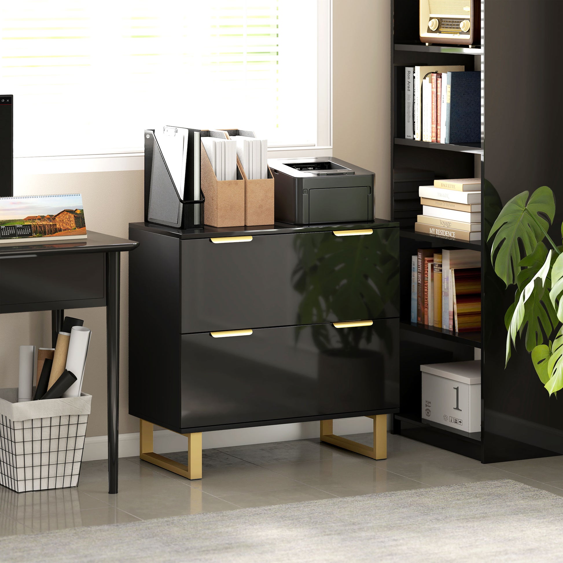 Lateral File Cabinet with 2 Drawers, Modern Filing Cabinet for Letter/A4/Legal Size Files, High Gloss Black-Office Products > Office Furniture > Office Cabinets & Cupboards-DECOROLALA