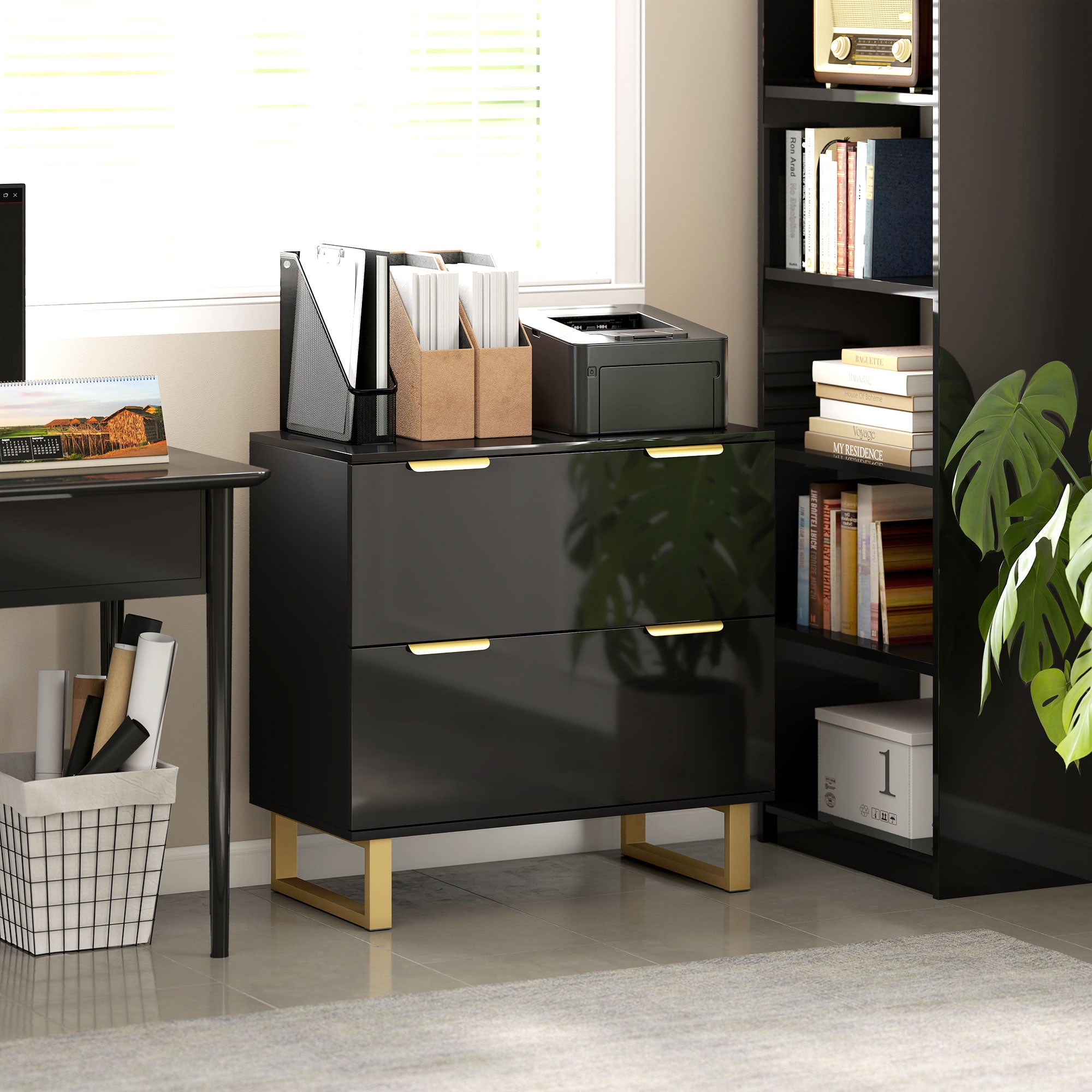 Lateral File Cabinet with 2 Drawers, Modern Filing Cabinet for Letter/A4/Legal Size Files, High Gloss Black-Office Products > Office Furniture > Office Cabinets & Cupboards-DECOROLALA