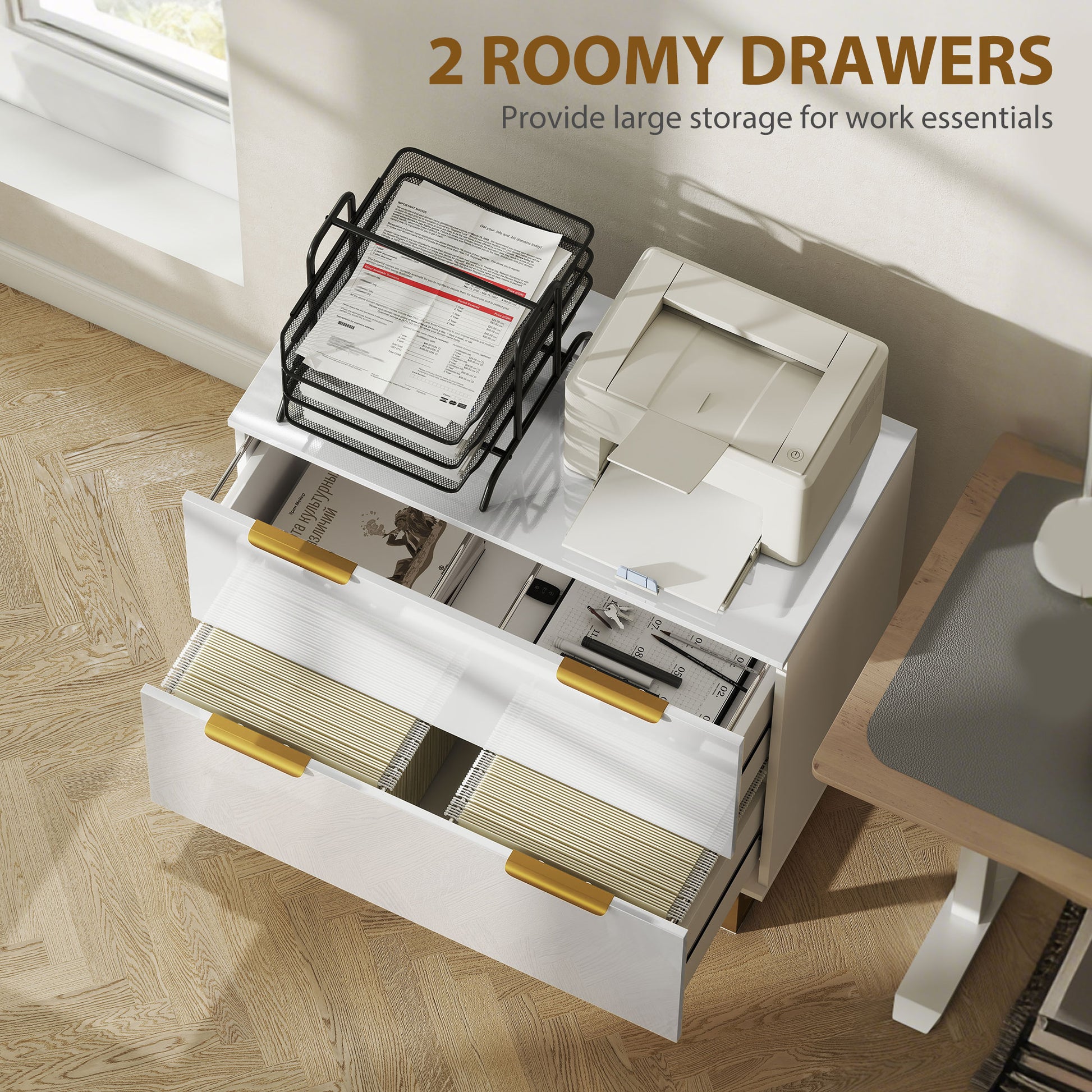 Lateral File Cabinet with 2 Drawers, Modern Filing Cabinet for Letter/A4/Legal Size Files, High Gloss White-Office Products > Office Furniture > Office Cabinets & Cupboards-DECOROLALA