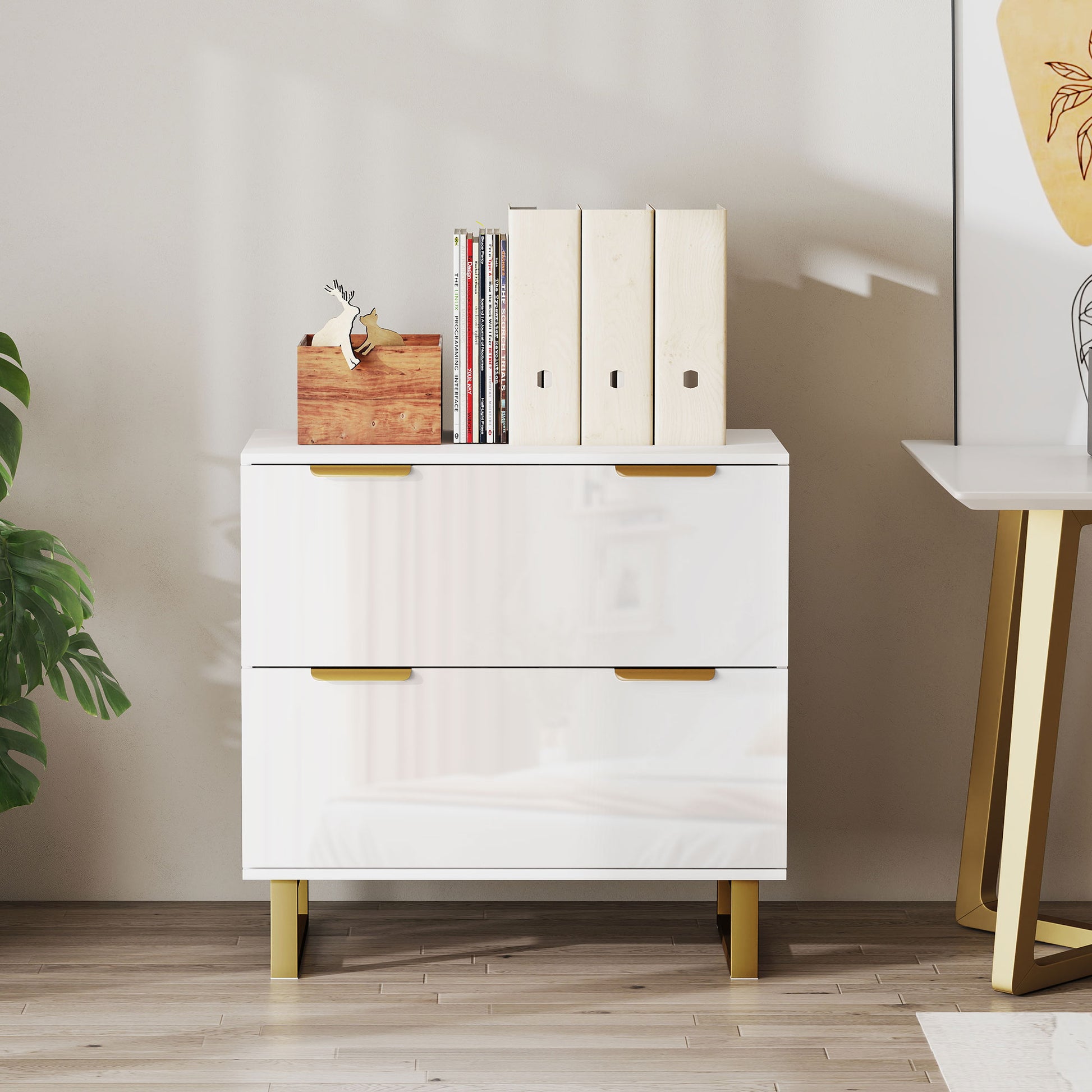 Lateral File Cabinet with 2 Drawers, Modern Filing Cabinet for Letter/A4/Legal Size Files, High Gloss White-Office Products > Office Furniture > Office Cabinets & Cupboards-DECOROLALA