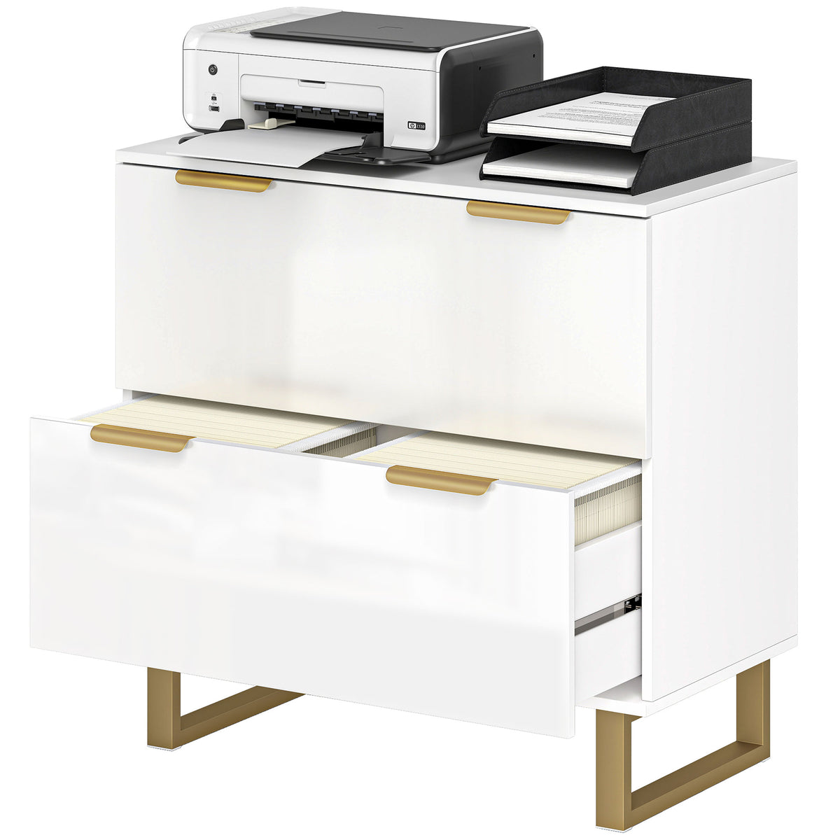 Lateral File Cabinet with 2 Drawers, Modern Filing Cabinet for Letter/A4/Legal Size Files, High Gloss White-Office Storage Cabinets-DECOROLALA
