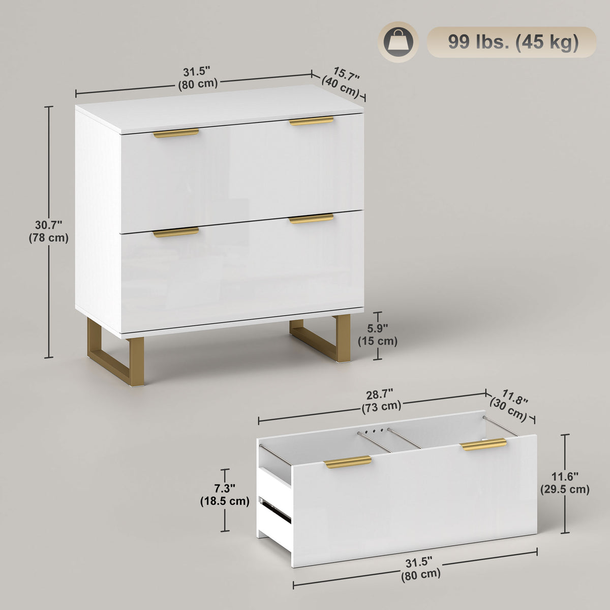 Lateral File Cabinet with 2 Drawers, Modern Filing Cabinet for Letter/A4/Legal Size Files, High Gloss White-Office Storage Cabinets-DECOROLALA