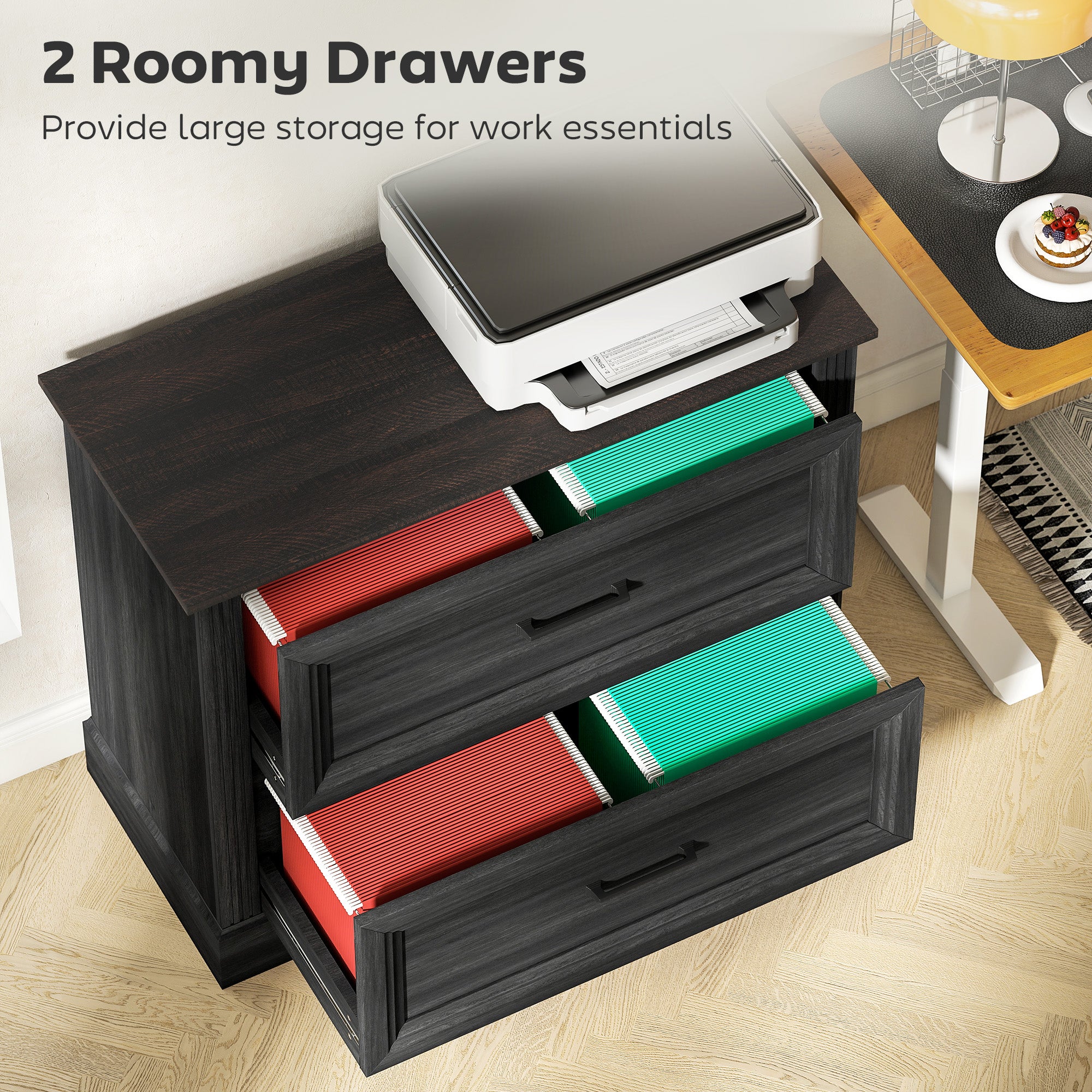 Lateral Filing Cabinet, Farmhouse File Cabinet with 2 Silent Drawers for Letter/A4/Legal Size Files, Black-Office Products > Office Furniture > Office Cabinets & Cupboards-DECOROLALA
