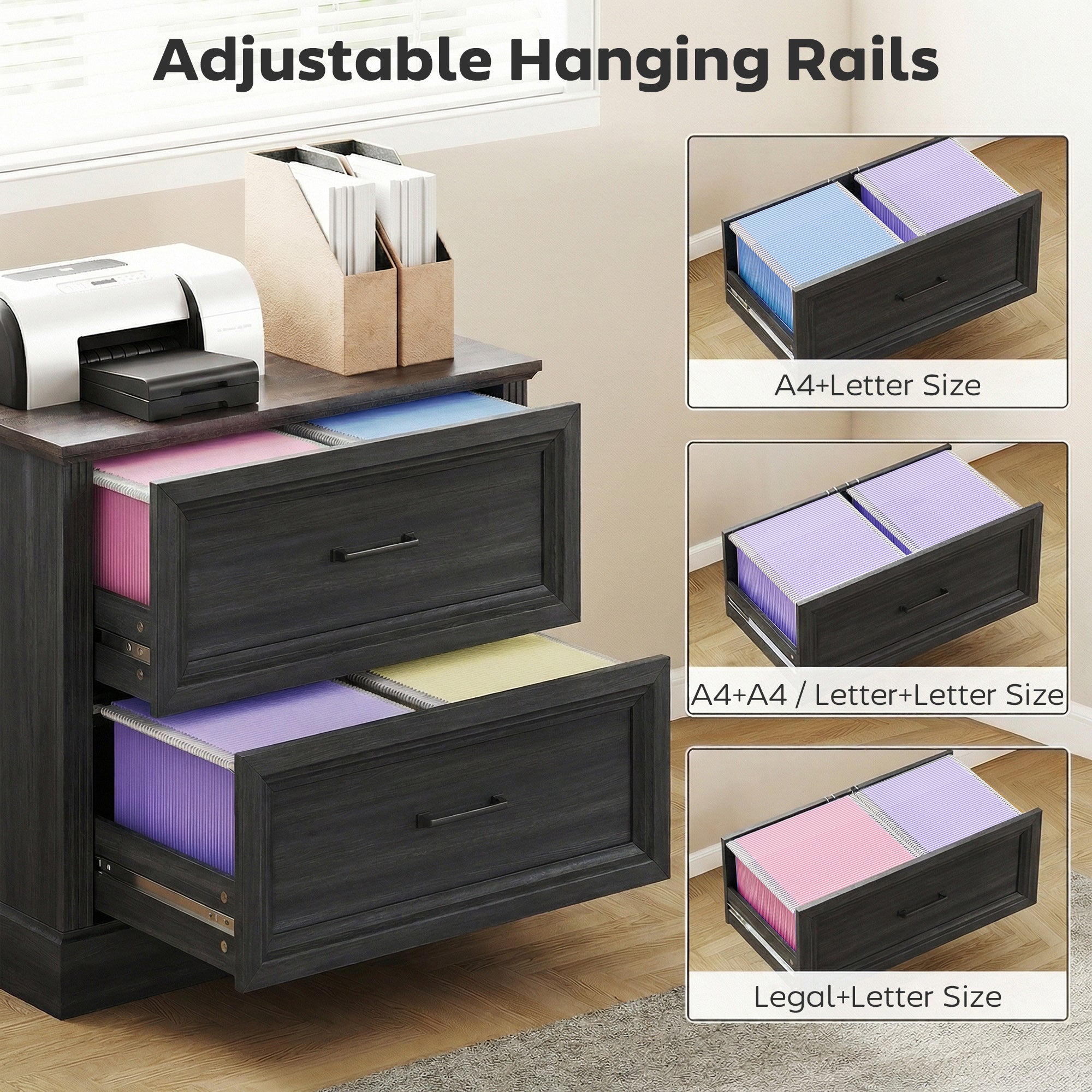 Lateral Filing Cabinet, Farmhouse File Cabinet with 2 Silent Drawers for Letter/A4/Legal Size Files, Black-Office Products > Office Furniture > Office Cabinets & Cupboards-DECOROLALA