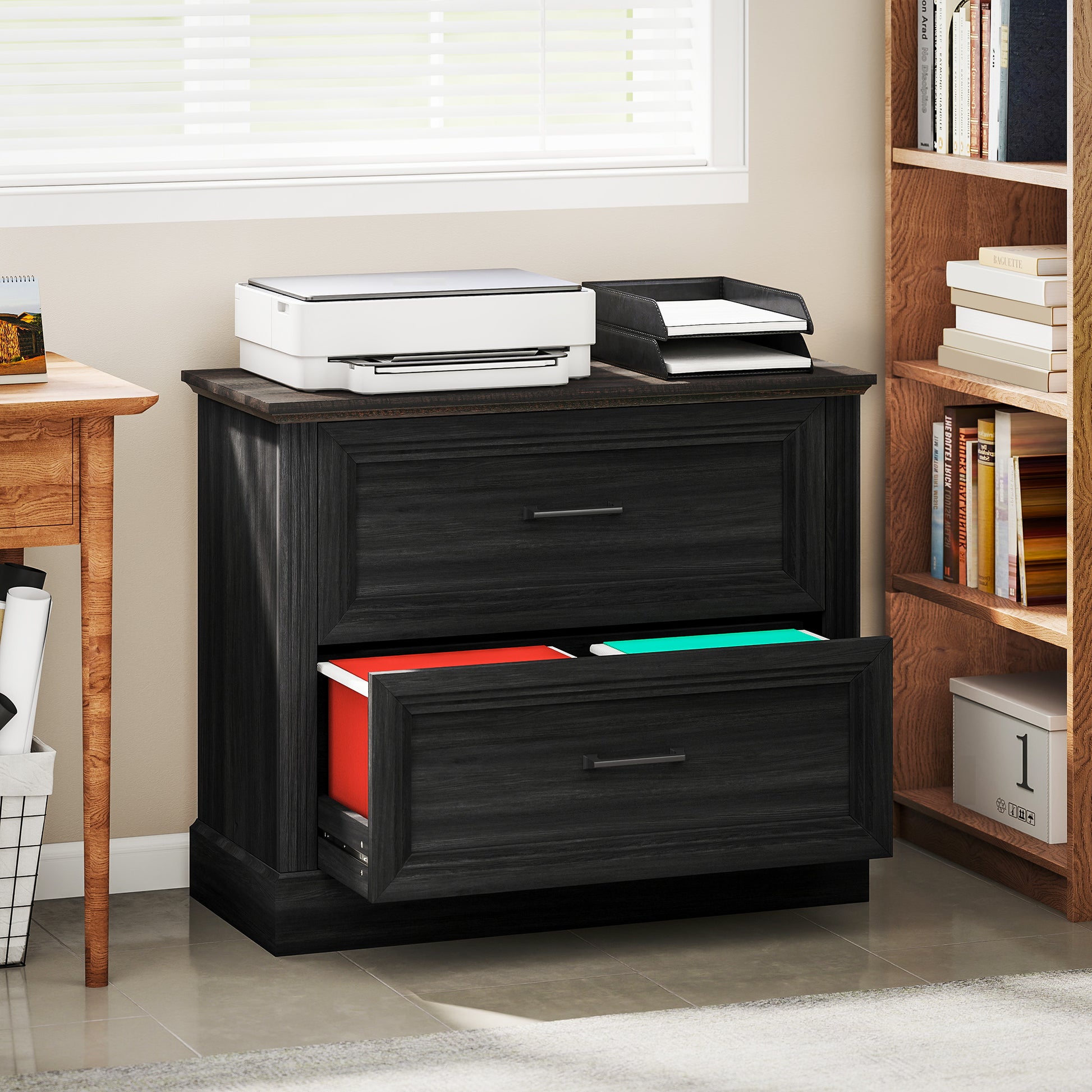 Lateral Filing Cabinet, Farmhouse File Cabinet with 2 Silent Drawers for Letter/A4/Legal Size Files, Black-Office Products > Office Furniture > Office Cabinets & Cupboards-DECOROLALA