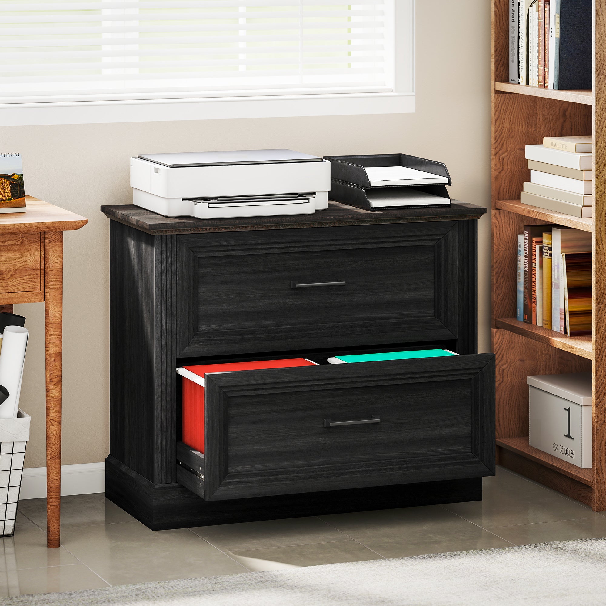 Lateral Filing Cabinet, Farmhouse File Cabinet with 2 Silent Drawers for Letter/A4/Legal Size Files, Black-Office Products > Office Furniture > Office Cabinets & Cupboards-DECOROLALA