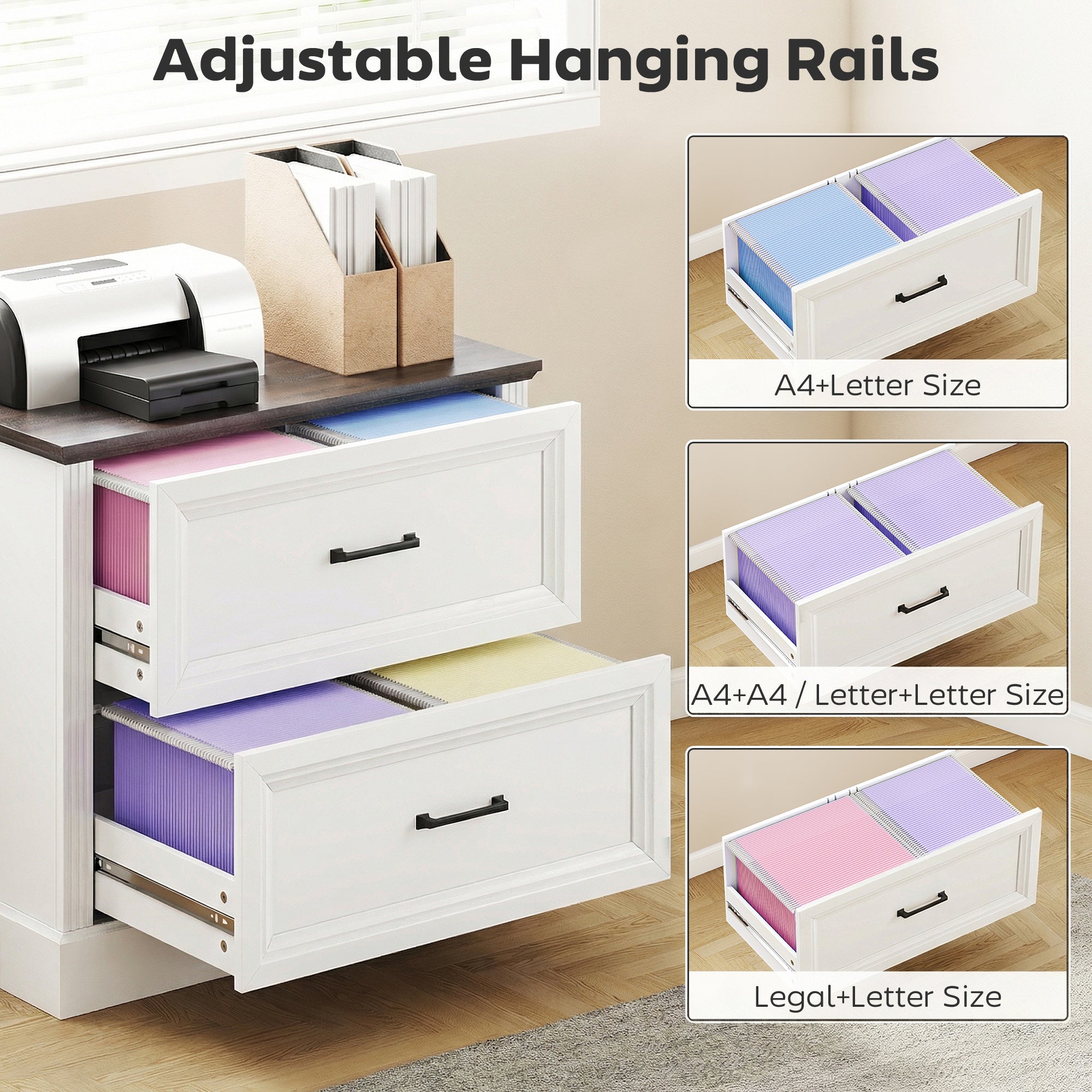 Lateral Filing Cabinet, Farmhouse File Cabinet with 2 Silent Drawers for Letter/A4/Legal Size Files, White-Office Products > Office Furniture > Office Cabinets & Cupboards-DECOROLALA