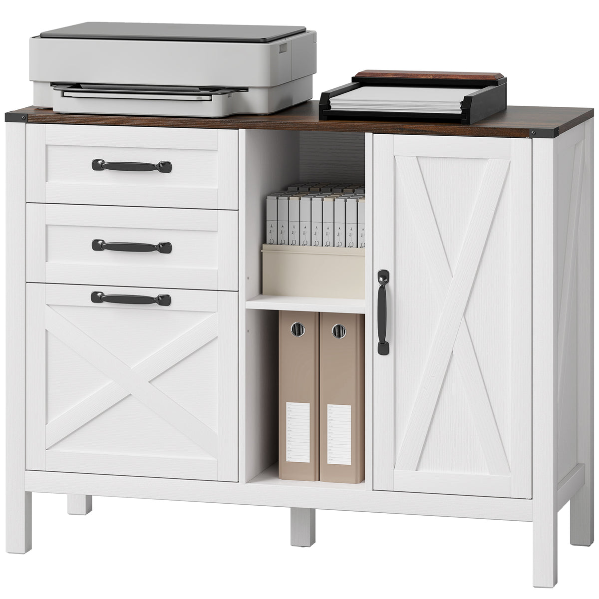 Lateral Filing Cabinet - Farmhouse Printer Stand White-Office Products > Office Furniture > Office Cabinets & Cupboards-DECOROLALA