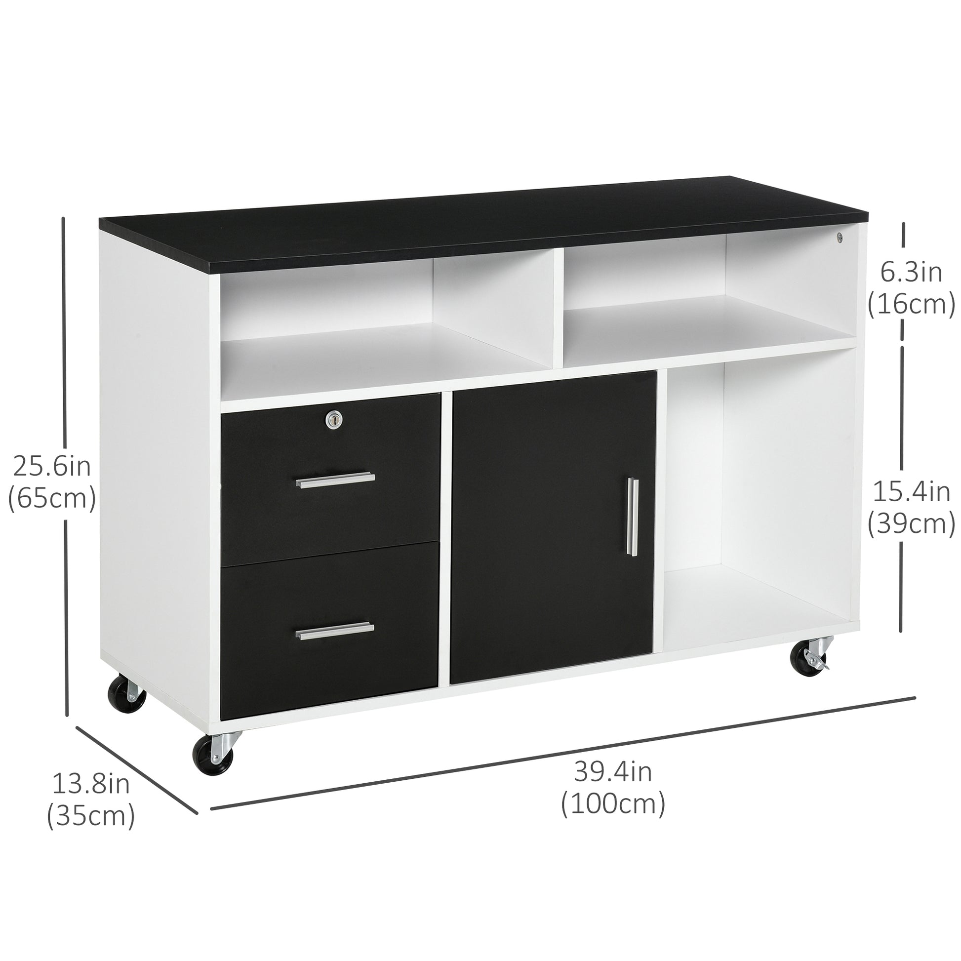 Lateral Filing Cabinet, Printer Stand Home Office Mobile File Cabinet with Wheels, Lockable Drawer, Black-Office Products > Office Furniture > Office Cabinets & Cupboards-DECOROLALA