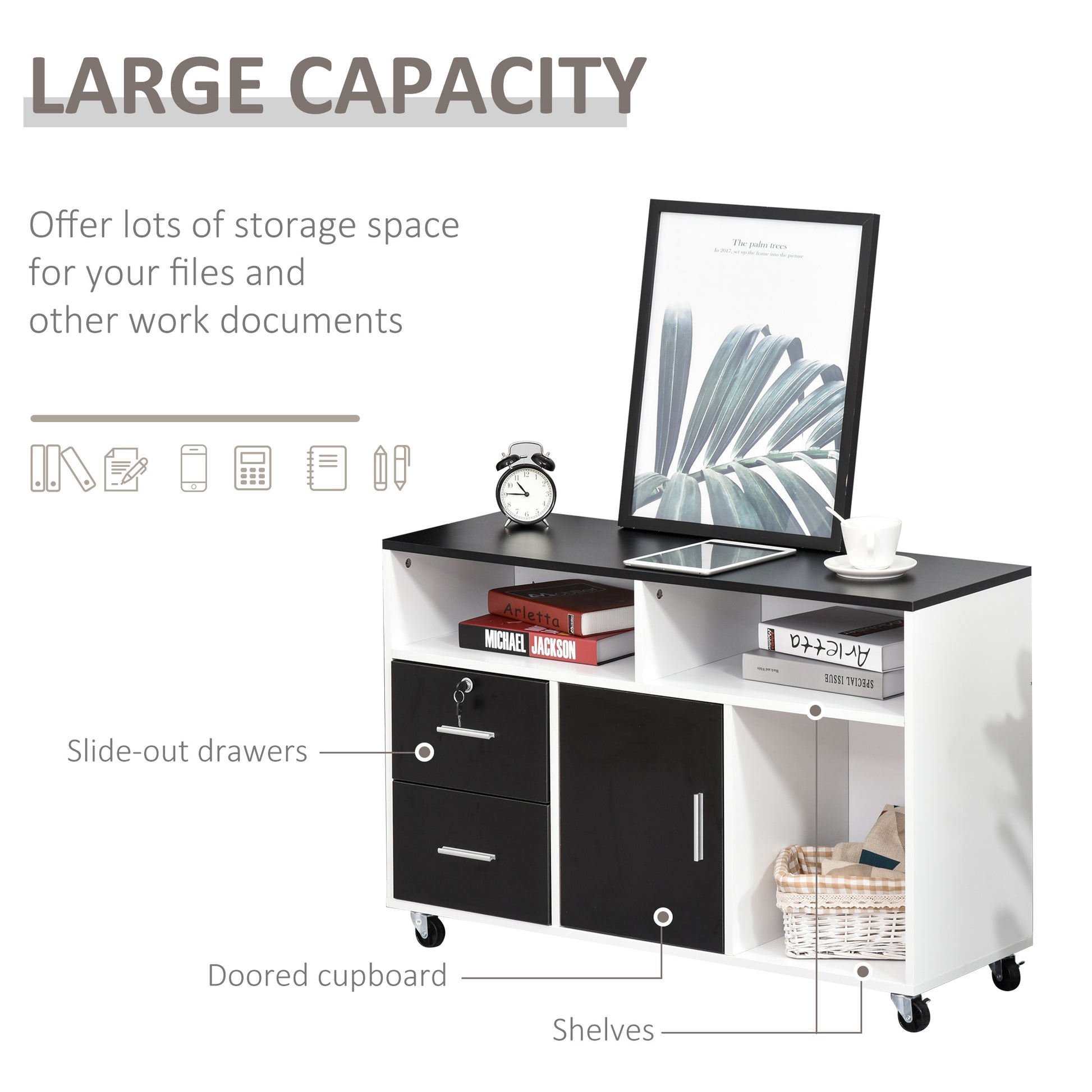 Lateral Filing Cabinet, Printer Stand Home Office Mobile File Cabinet with Wheels, Lockable Drawer, Black-Office Products > Office Furniture > Office Cabinets & Cupboards-DECOROLALA