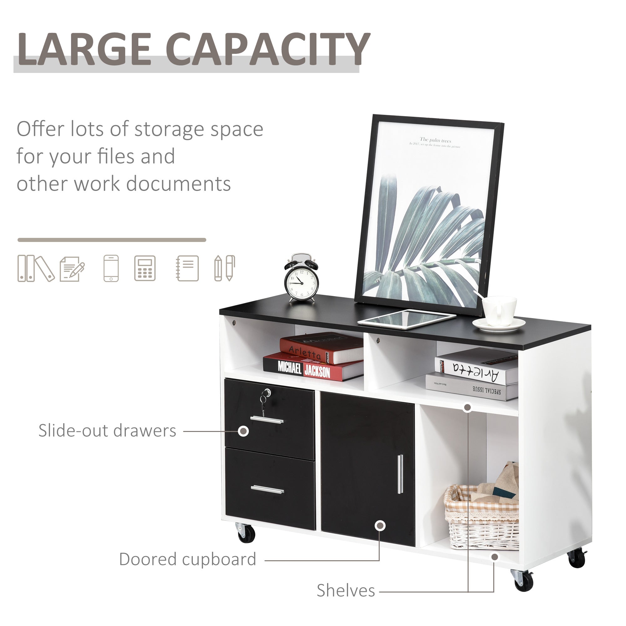 Lateral Filing Cabinet, Printer Stand Home Office Mobile File Cabinet with Wheels, Lockable Drawer, Black-Office Products > Office Furniture > Office Cabinets & Cupboards-DECOROLALA