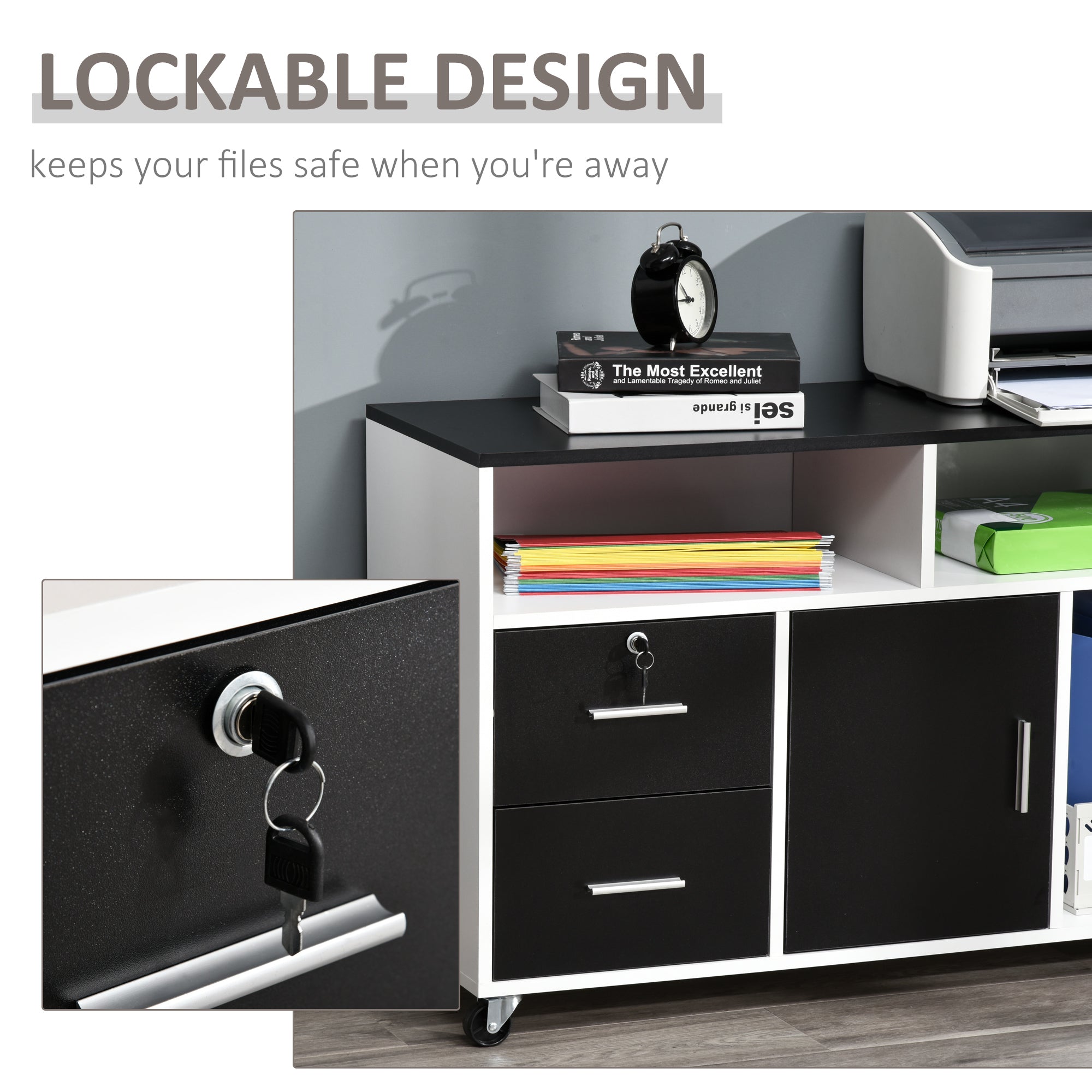 Lateral Filing Cabinet, Printer Stand Home Office Mobile File Cabinet with Wheels, Lockable Drawer, Black-Office Products > Office Furniture > Office Cabinets & Cupboards-DECOROLALA