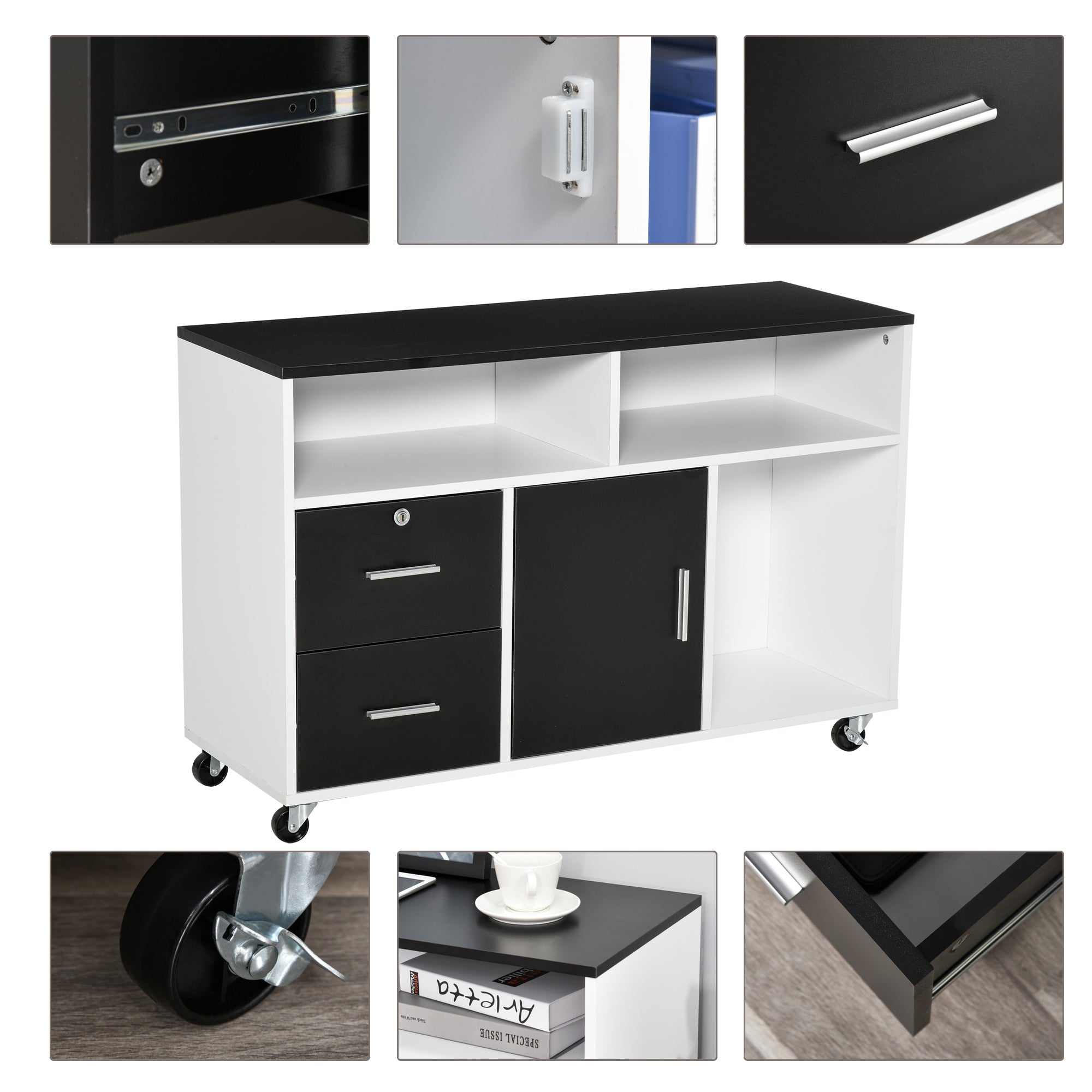 Lateral Filing Cabinet, Printer Stand Home Office Mobile File Cabinet with Wheels, Lockable Drawer, Black-Office Products > Office Furniture > Office Cabinets & Cupboards-DECOROLALA